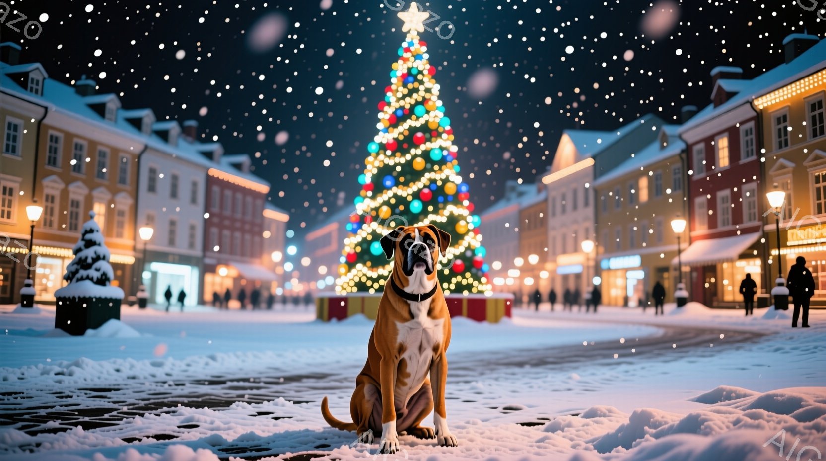 広場の中央に座っているブリンドル模様の犬が印象的な写真です。背景には、雪に覆われた建物が立ち並び、中央にはカラフルなイルミネーションで飾られた巨大なクリスマスツリーが輝いています。雪が舞い降りる夜の静かで幻想的な雰囲気が漂っています。