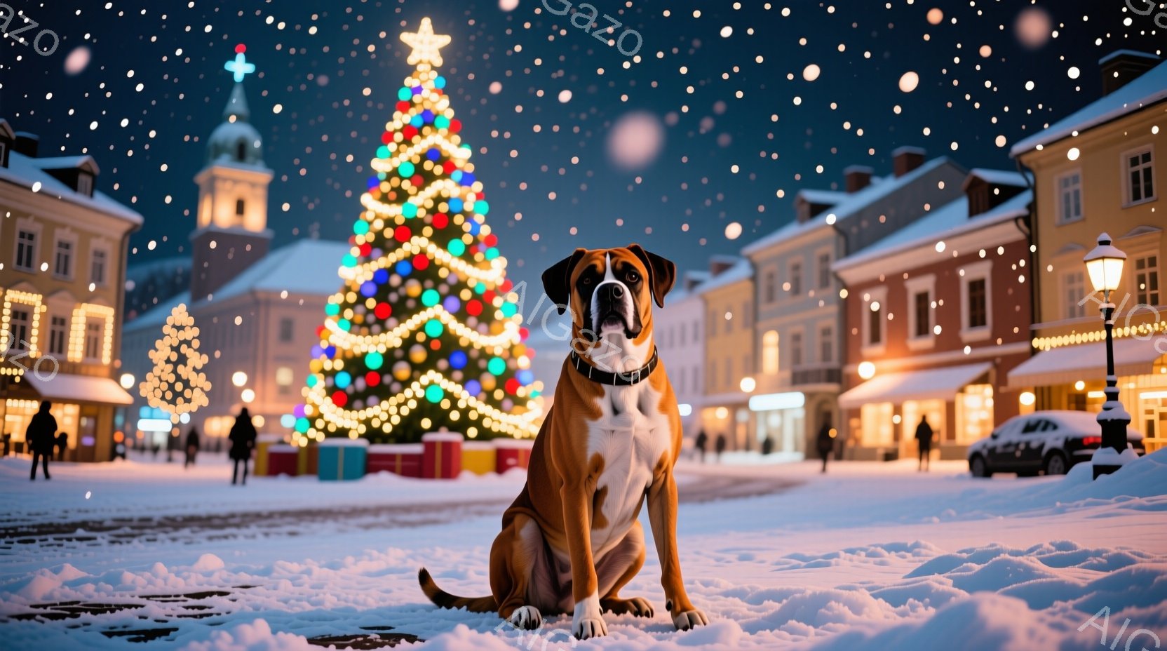 街の中心にある雪景色の中で、ボクサー犬が正面を向き、落ち着いて座っている。背景には、きらびやかなクリスマスツリーと、ライトアップされた建物が並び、雪が降り積もっている様子が描かれている。全体的に暖かく - AI生成フリー素材