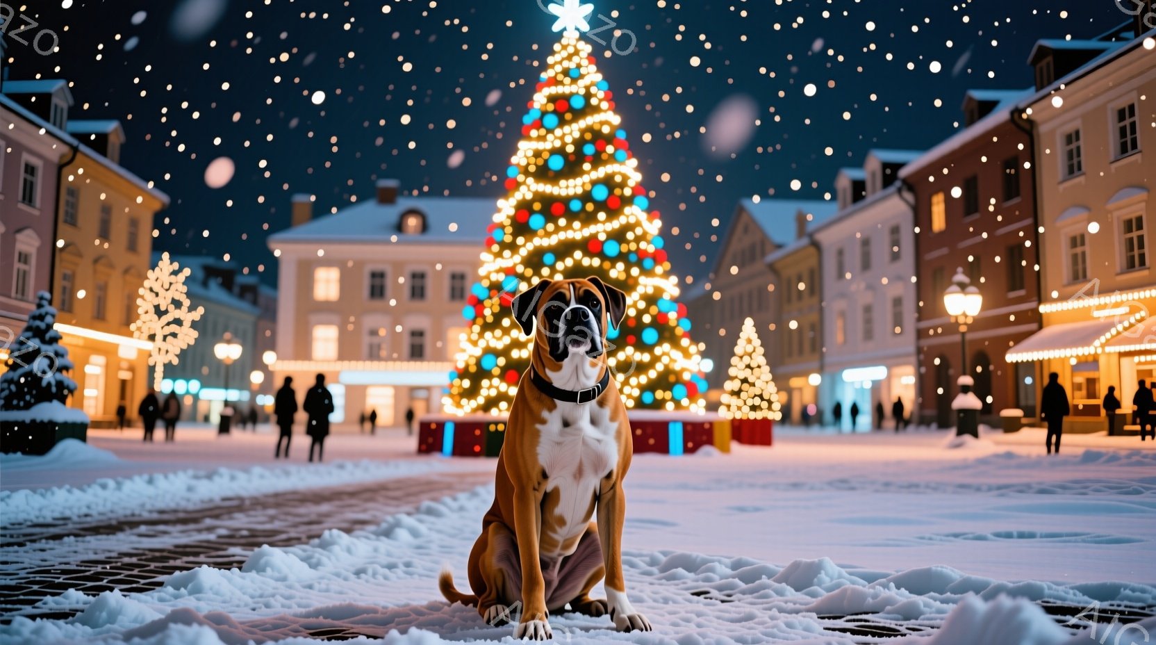 雪が降る夜の街並みで、ボックス犬が正面を向いて座っている。犬は茶色と白の毛並みで、首輪をつけており、穏やかな表情をしている。背景には、クリスマスツリーが輝き、人々が歩き、雪に覆われた建物が並び、冬の暖かく幻想的な雰囲気を醸し出している。