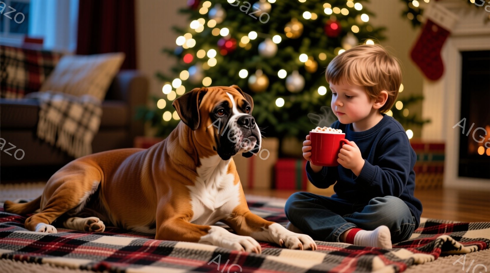 少年は赤いチェック柄の敷物の上で座り、両手で温かい飲み物を抱えています。彼の髪は金髪で短く、穏やかな表情を浮かべています。背景には、飾り付けられたクリスマスツリーとプレゼント、暖炉があり、温かく居心地 - AI生成フリー素材
