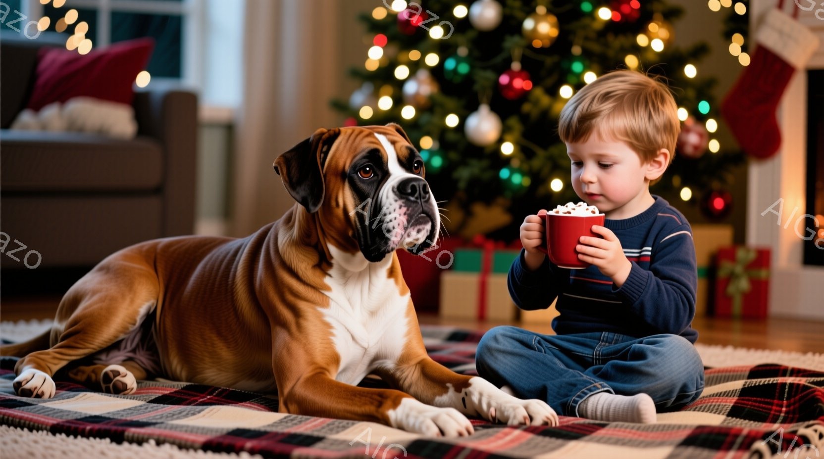 少年は床に座り、赤いマグカップを両手で抱えて何かを飲んでいます。茶色のボックス犬が少年の隣に横たわり、カメラの方を見ています。背景にはクリスマスツリーとプレゼントが置かれ、暖かく穏やかなクリスマスの雰囲気が漂っています。