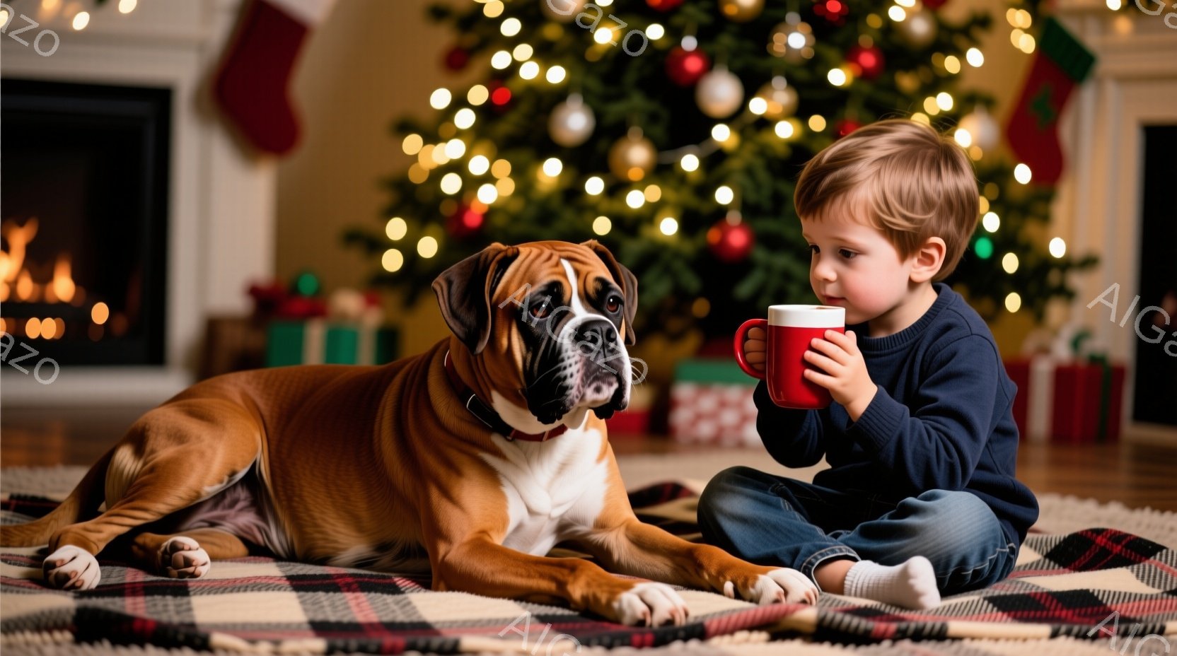 少年は、赤いチェック柄のラグの上に座り、赤いマグカップを両手で抱えて何かを飲んでいます。彼は青いセーターとジーンズを着ており、明るい茶色の髪は短くカットされています。背景には、クリスマスツリーが飾られ - AI生成フリー素材