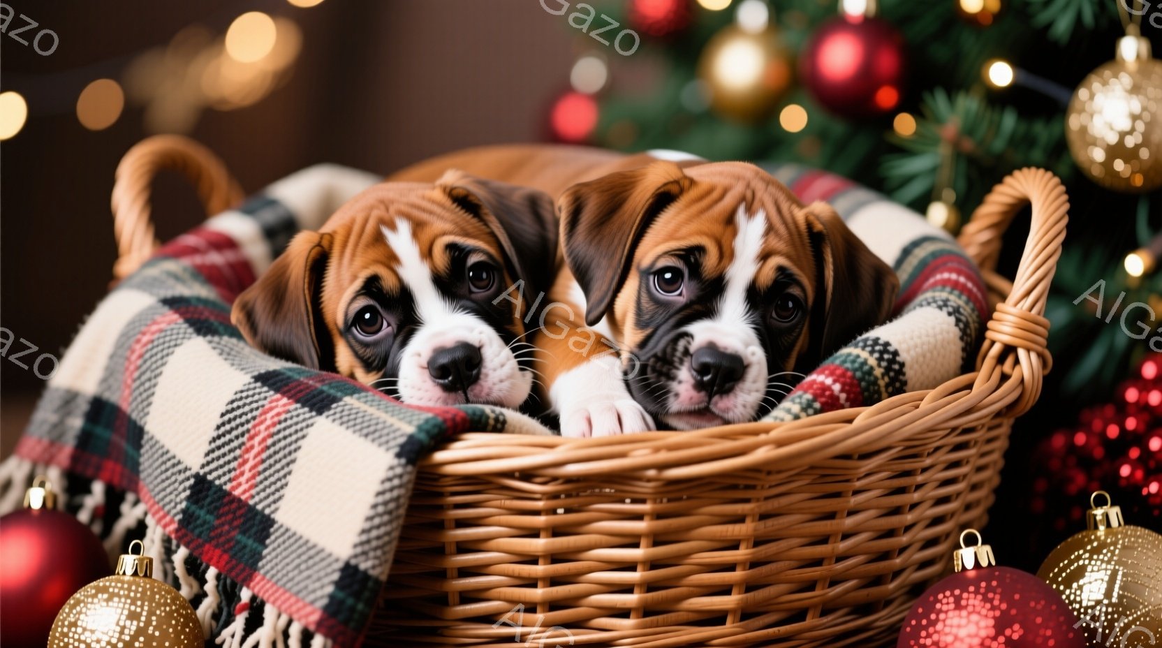 籠の中に2匹のボクサーの子犬が寄り添って眠っている。子犬たちは茶色と白の毛並みで、それぞれ特徴的な顔の模様を持っている。背景にはクリスマスツリーとオーナメントが飾られ、暖かくお祝いムードが漂っている。