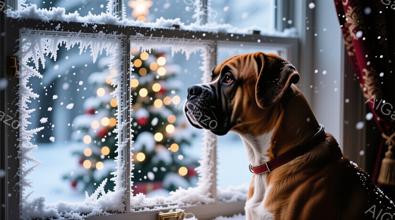 窓辺に茶色と白のボクサー犬が佇んでいます。犬は赤い首輪をつけており、外の雪景色を静かに見つめています。背景にはぼやけたクリスマスツリーの光があり、冬の穏やかな雰囲気を醸し出しています。 - AI生成フリー素材