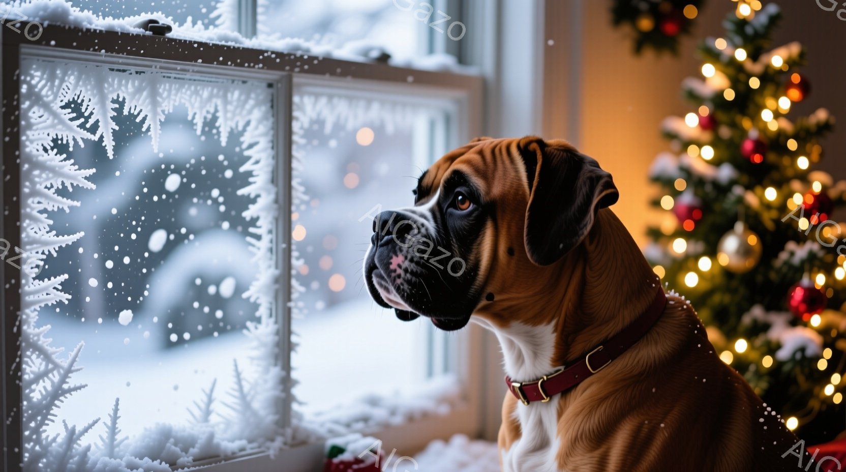 雪が降る窓の外を見つめる、茶色と黒のボクサー犬が写っています。赤い首輪をつけ、少し上を見上げて、冬の風景を興味深そうに観察しています。背景にはぼやけたクリスマスツリーの光があり、暖かく穏やかなクリスマスの雰囲気を醸し出しています。