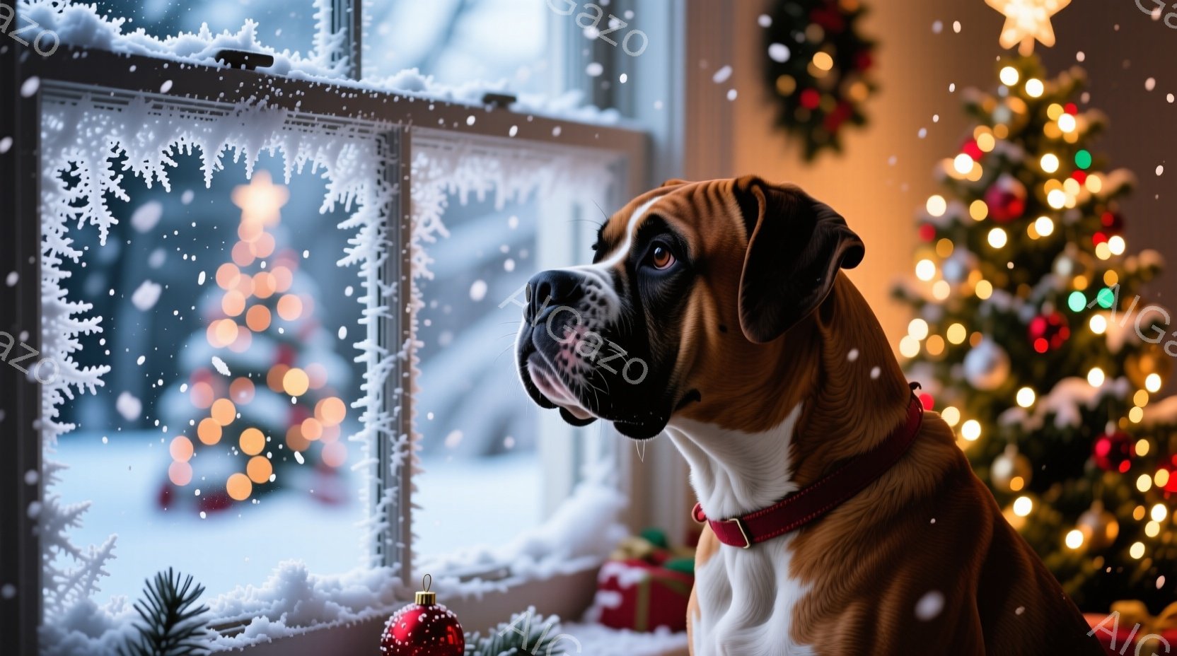 窓の外の雪景色を見つめるボックス犬が写っています。茶色の毛並みと白い模様が特徴的で、赤い首輪をつけています。背景には、キラキラと輝くクリスマスツリーとオーナメントが飾られた室内があり、暖かく幻想的な雰囲気が漂っています。