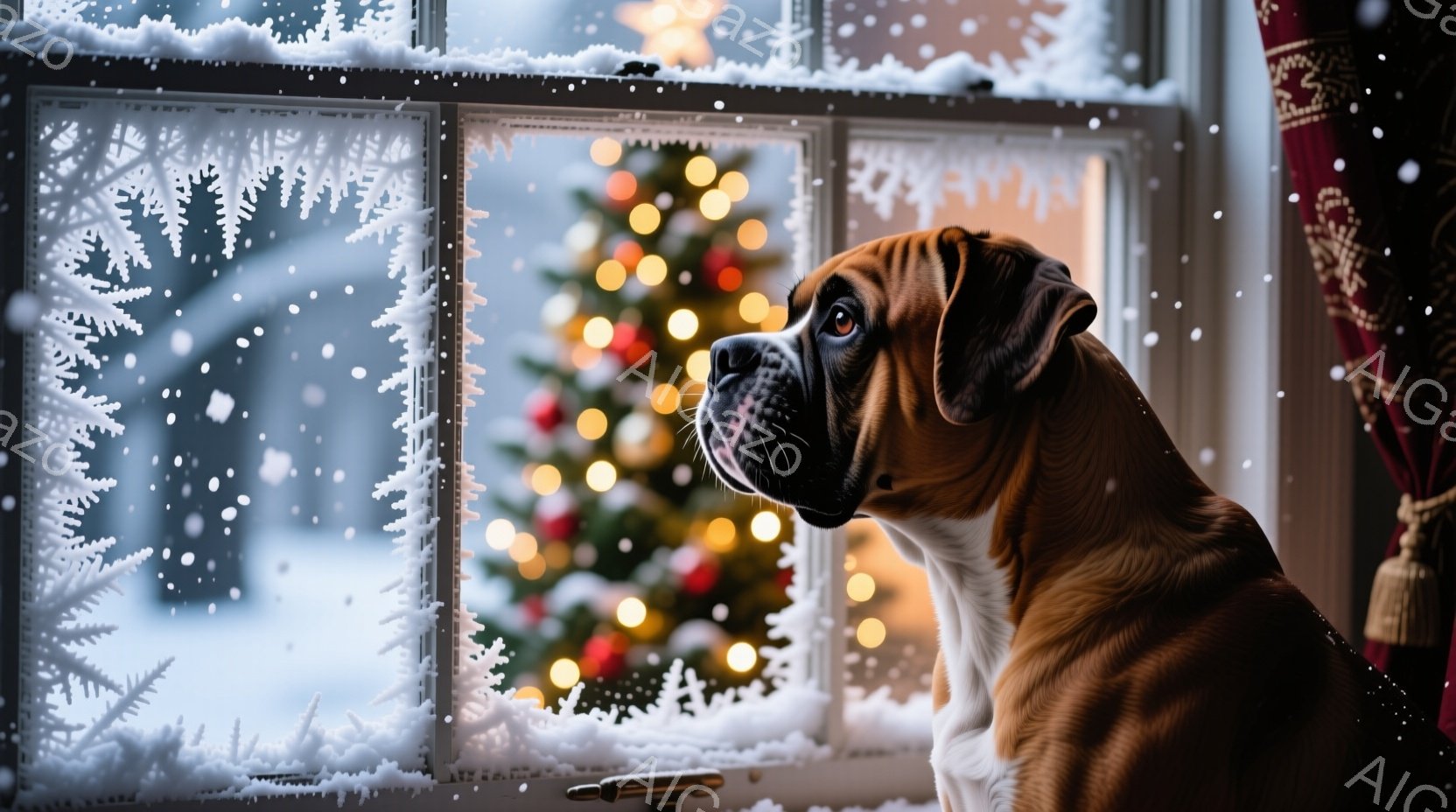 窓辺に茶色と白のボクサー犬が座り、外を眺めている。窓には雪の結晶模様が描かれ、背景にはクリスマスツリーの温かい光が輝き、雪景色が広がっている。犬は少し物憂げな表情で、冬の静けさと温かい光が混ざり合った、落ち着いた雰囲気を醸し出している。