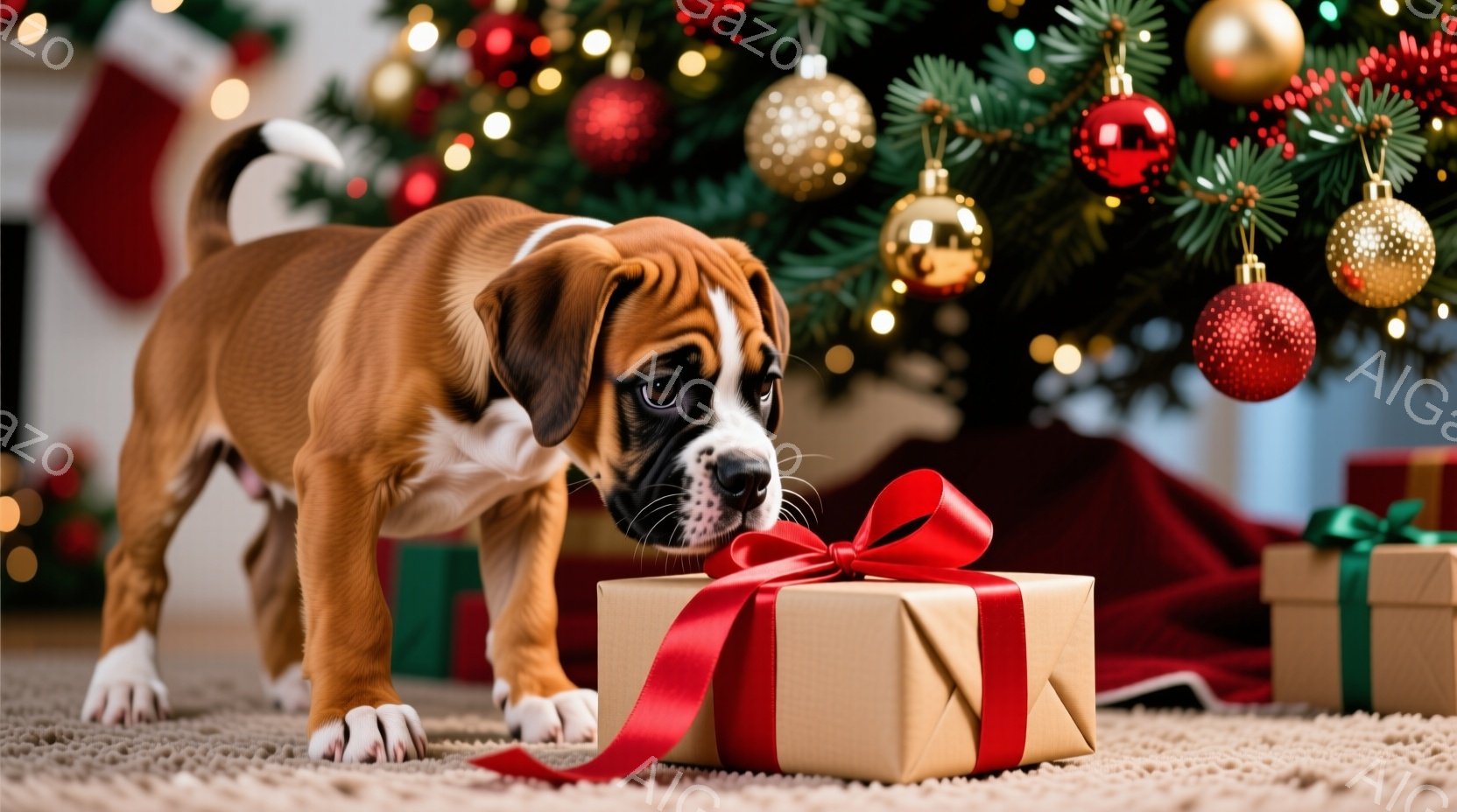 暖炉のそばのカーペットの上に、茶色と白のボクサーの子犬がプレゼントの箱に鼻を近づけています。プレゼントはクラフト紙で包まれ、赤いリボンが結ばれており、その周りには他のラッピングされたギフトも散らばって - AI生成フリー素材