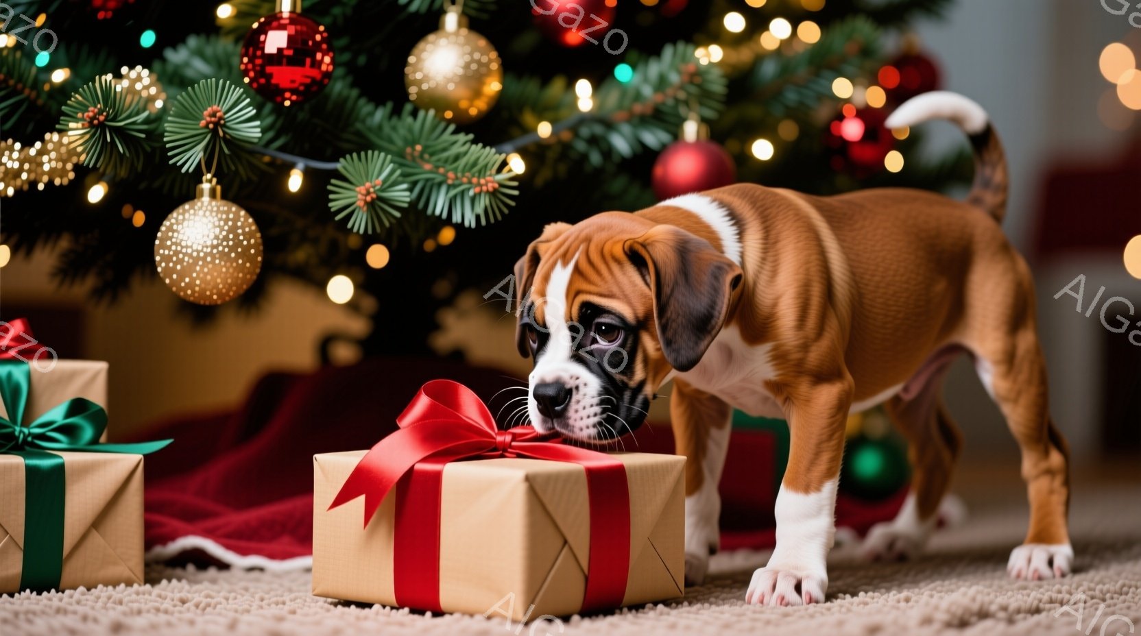 赤茶色のパピーが、赤いリボンで飾られたプレゼントの箱を嗅ぎ見しています。背景にはクリスマスツリーが飾られ、緑と金色のオーナメントが輝き、赤い布が敷かれています。全体的に暖かく、お祝いムードにあふれたク - AI生成フリー素材