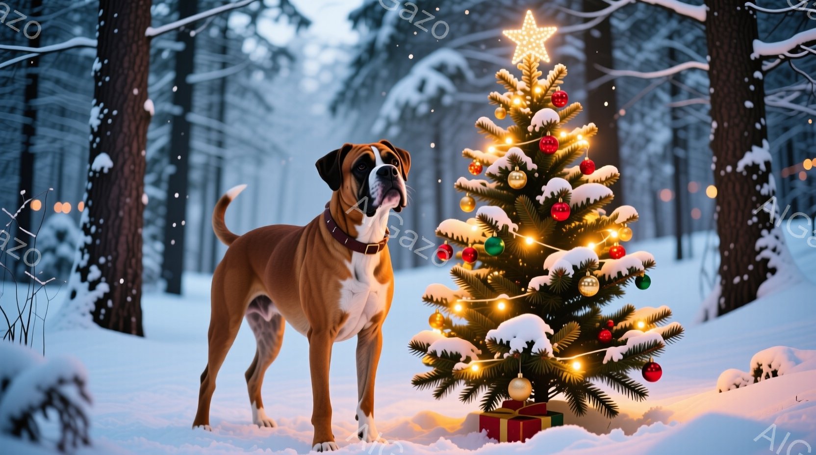 雪景色の中に、茶色と白のボクサー犬が立っており、クリスマスツリーを見つめています。ツリーは電飾とオーナメントで飾られ、下にはプレゼントの箱が置かれています。背景には雪に覆われた木々が立ち並び、静かで温かいクリスマスの雰囲気を醸し出しています。