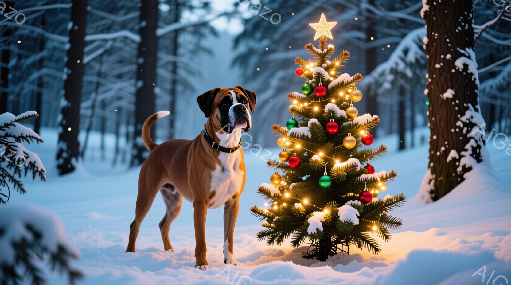 雪景色の中に、装飾されたクリスマスツリーが輝いている。ツリーの隣には、茶色と白のボクサー犬が立ち、まっすぐ前を見つめ、凛々しい表情をしている。背景には雪に覆われた木々が立ち並び、冬の静寂と温かいクリスマスの雰囲気が漂っている。