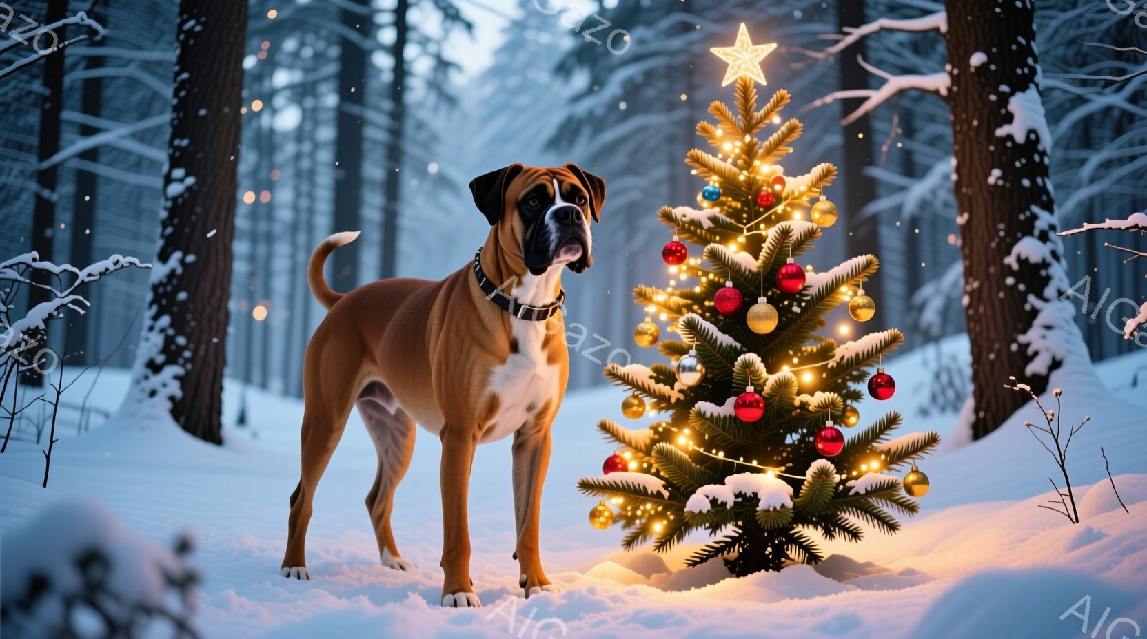 雪景色の中でクリスマスツリーの前に立つボックス犬が写っています。犬は茶色い毛並みで、首輪を付けており、前方をまっすぐ見つめて凛々しい表情をしています。背景には雪をまとった木々が立ち並び、幻想的で静寂な冬の雰囲気を醸し出しています。
