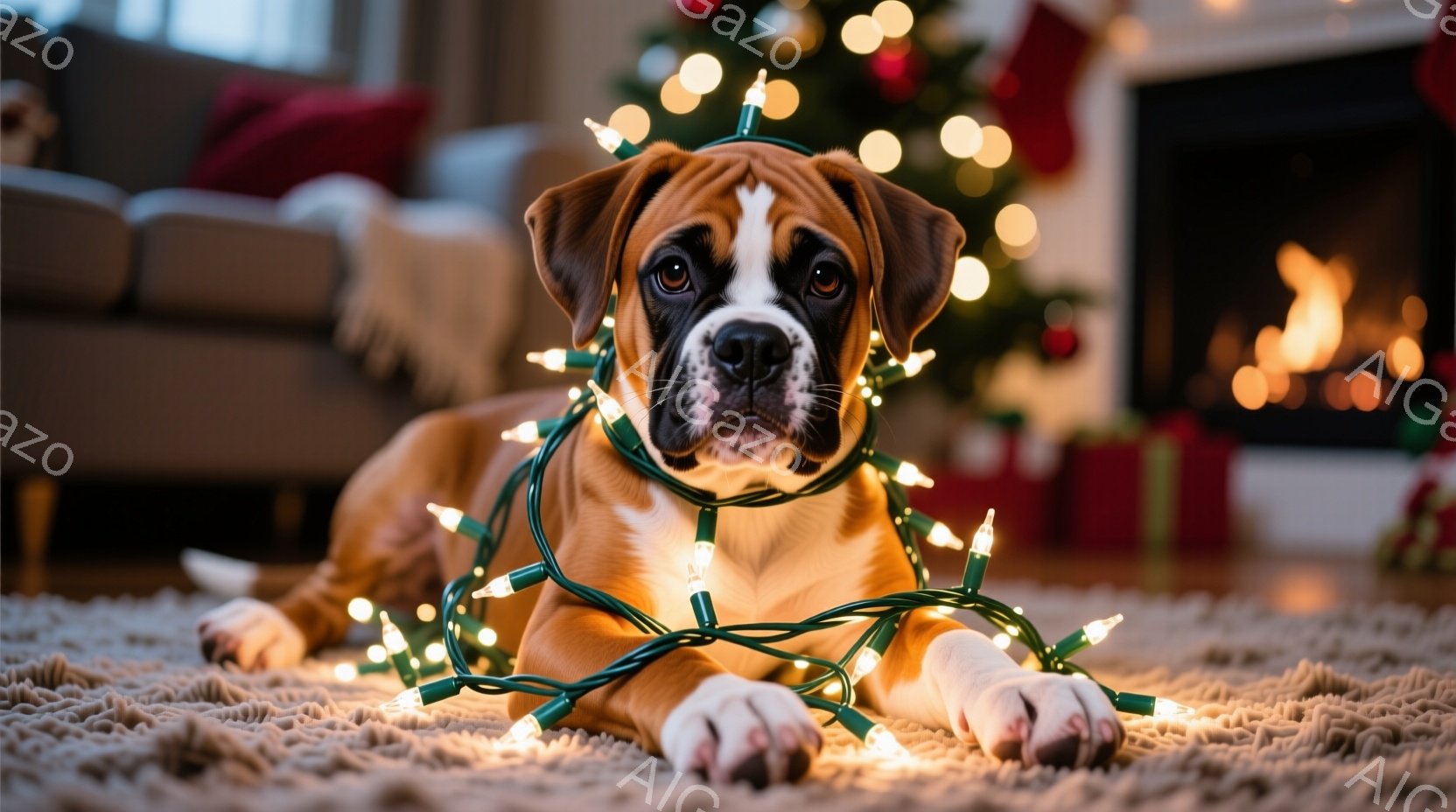 茶色のボクサー犬が、カーペットの上に横たわり、クリスマスツリーのイルミネーションライトを身につけています。犬は落ち着いた表情で、正面を見ており、室内は暖炉の火とクリスマスツリーの光で温かい雰囲気が漂っ - AI生成フリー素材