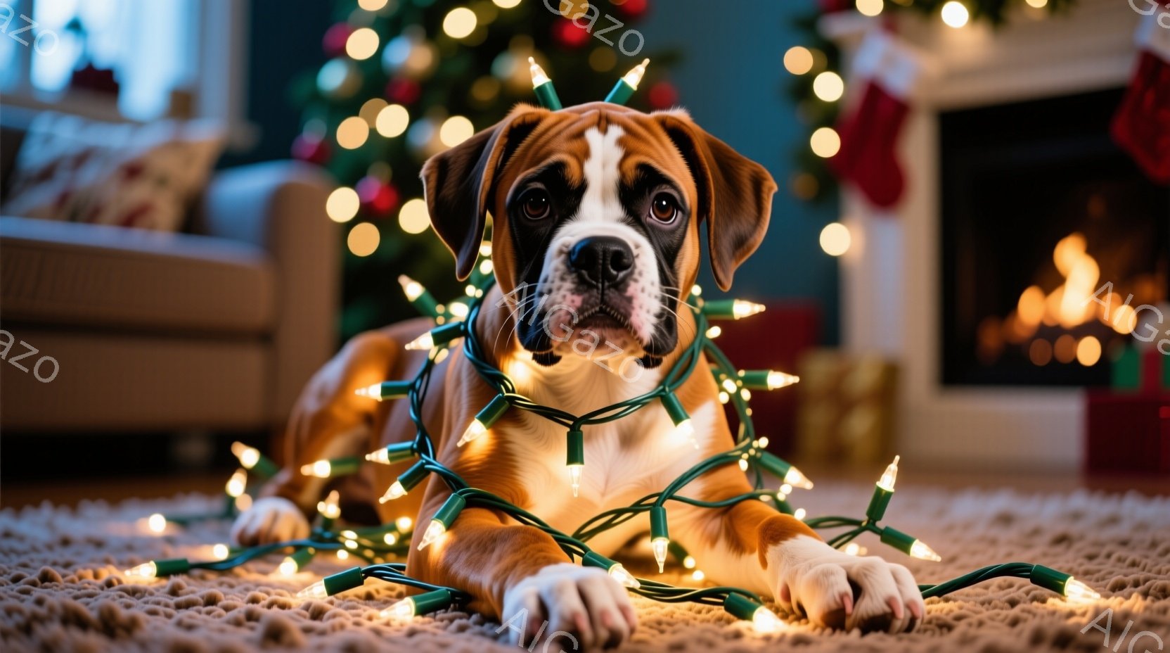 茶色と白のボクサー犬が、カーペットの上に横たわり、クリスマスライトに絡まっています。犬は少し困ったような表情でカメラを見つめており、背景には飾られたクリスマスツリーと暖炉が見えます。全体的に、暖かく、 - AI生成フリー素材