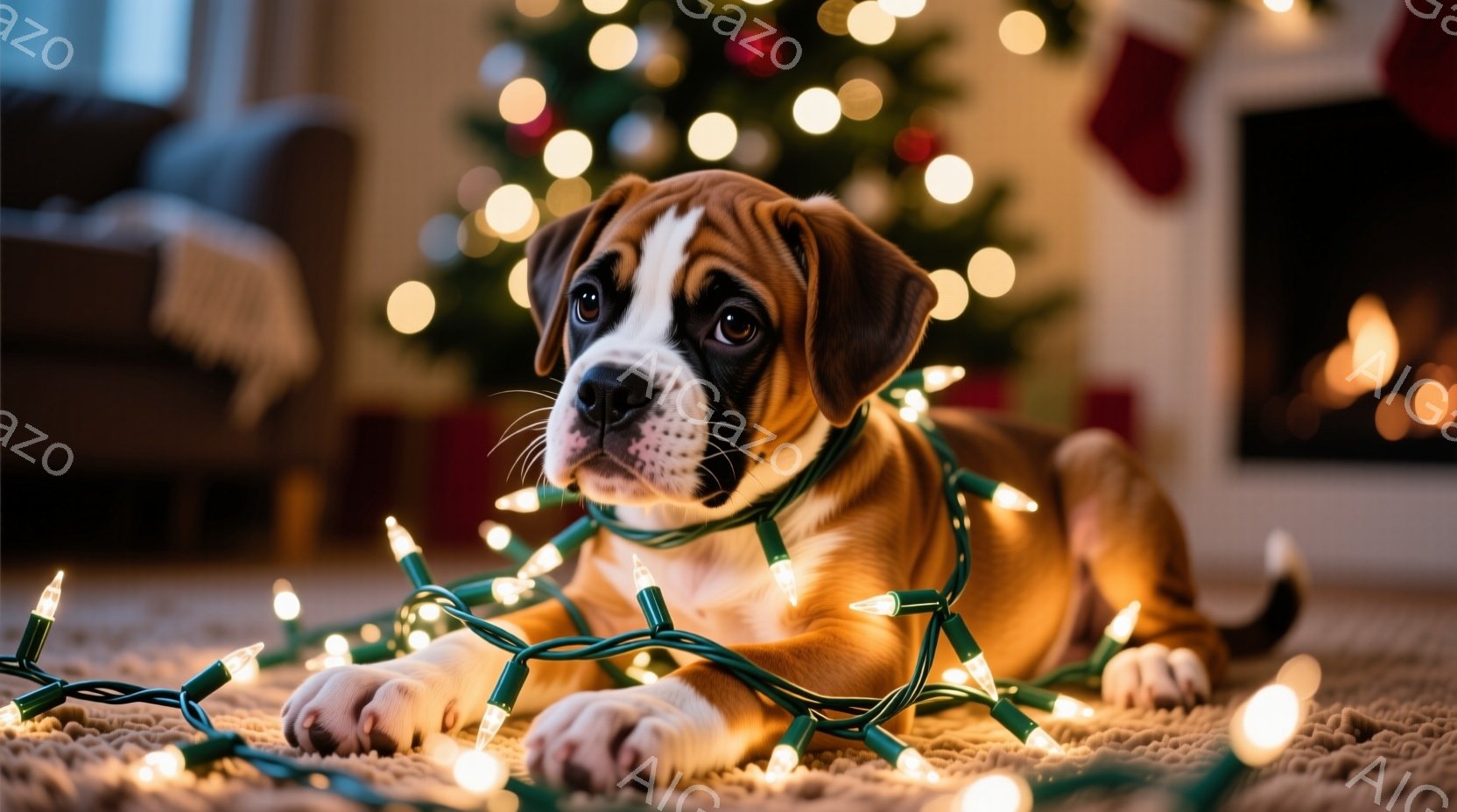 暖炉とクリスマスツリーが背景に見える室内で、茶色のパピーがクリスマスライトにくるまれて床に横たわっています。パピーは少し困ったような、または退屈そうな表情でカメラを見ています。背景は暖かく、お祝いの雰 - AI生成フリー素材