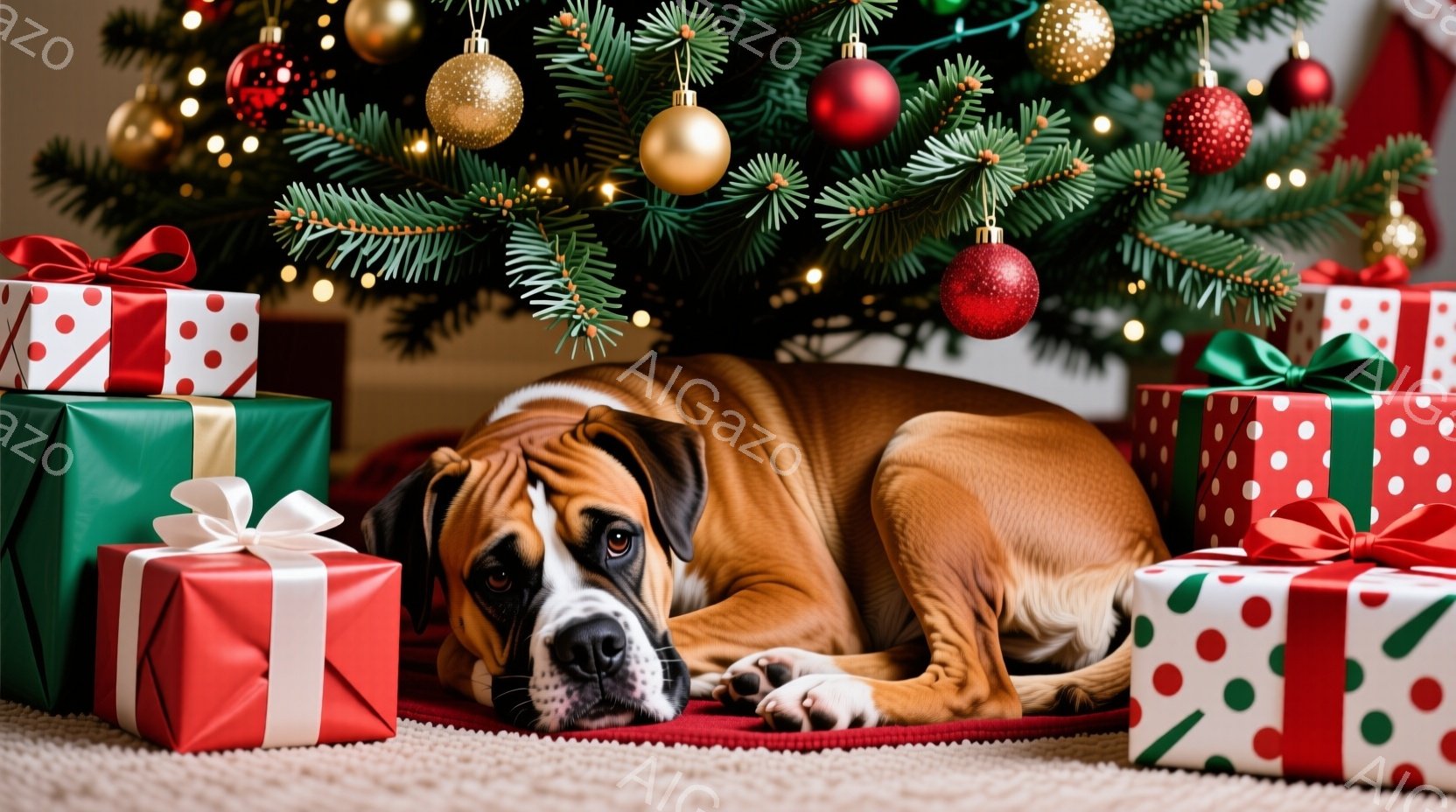 クリスマスツリーの足元に、茶色い毛並みのボクサー犬が横たわっています。犬は落ち着いた表情で、周りには赤や緑のラッピングペーパーで包まれたプレゼントがいくつか置かれています。背景にはクリスマスツリーがぼ - AI生成フリー素材
