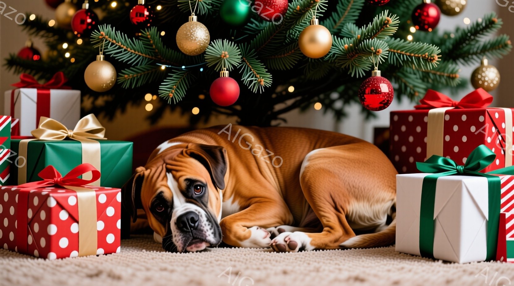 茶色いボクサー犬が、クリスマスツリーの下に置かれたプレゼントの山の中に横たわっています。犬は少し憂鬱そうな表情で、まるでプレゼントを守っているかのようです。背景には、赤い、緑、金のオーナメントで飾られたクリスマスツリーがあり、温かくお祝いの雰囲気が漂っています。