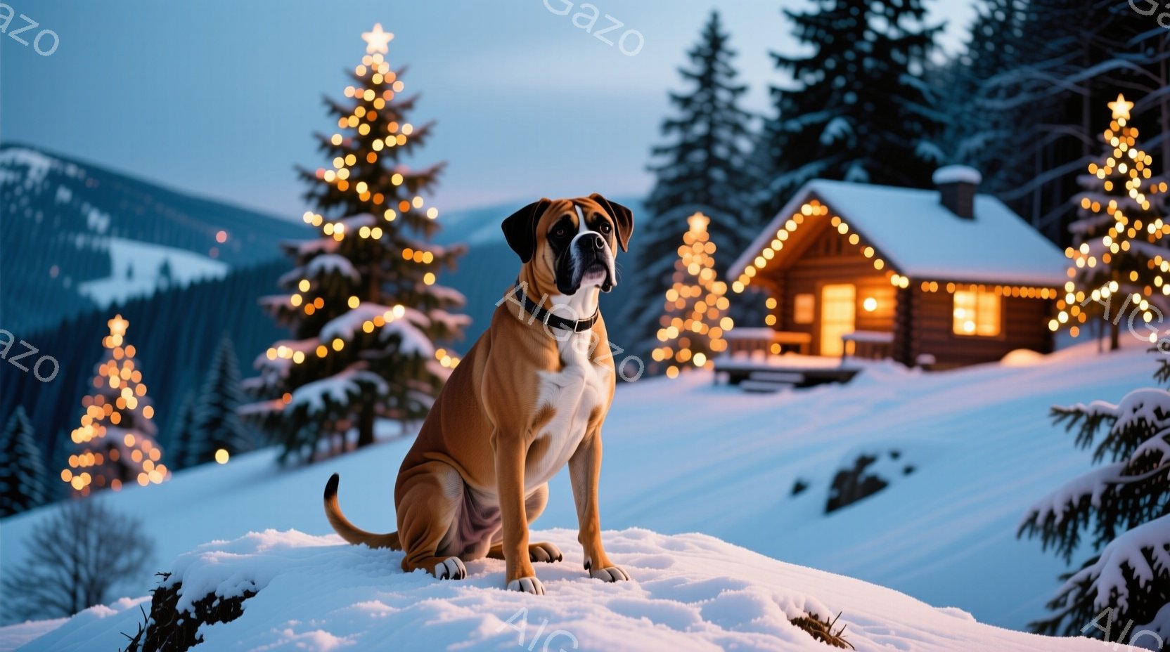 雪景色の中に、茶色のボクサー犬が座っています。犬は首輪をつけており、まっすぐ前を見据えた表情で、凛々しい姿を見せています。背景には、ライトアップされた木々と、雪に覆われた可愛らしい木造の家が見え、冬の - AI生成フリー素材