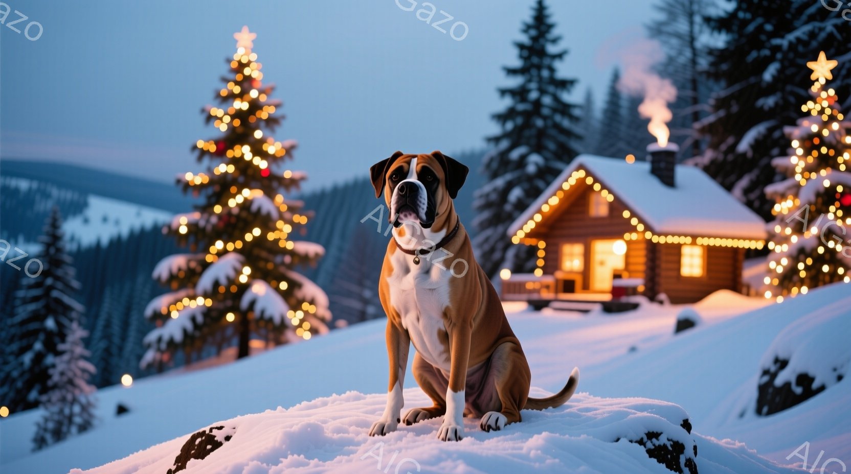 雪景色の中に座っているボクサー犬が写っています。犬は茶色と白の毛並みで、落ち着いた表情をしています。背景には、クリスマスライトで飾られた木とログハウスがあり、暖かく幻想的な雰囲気を醸し出しています。 - AI生成フリー素材