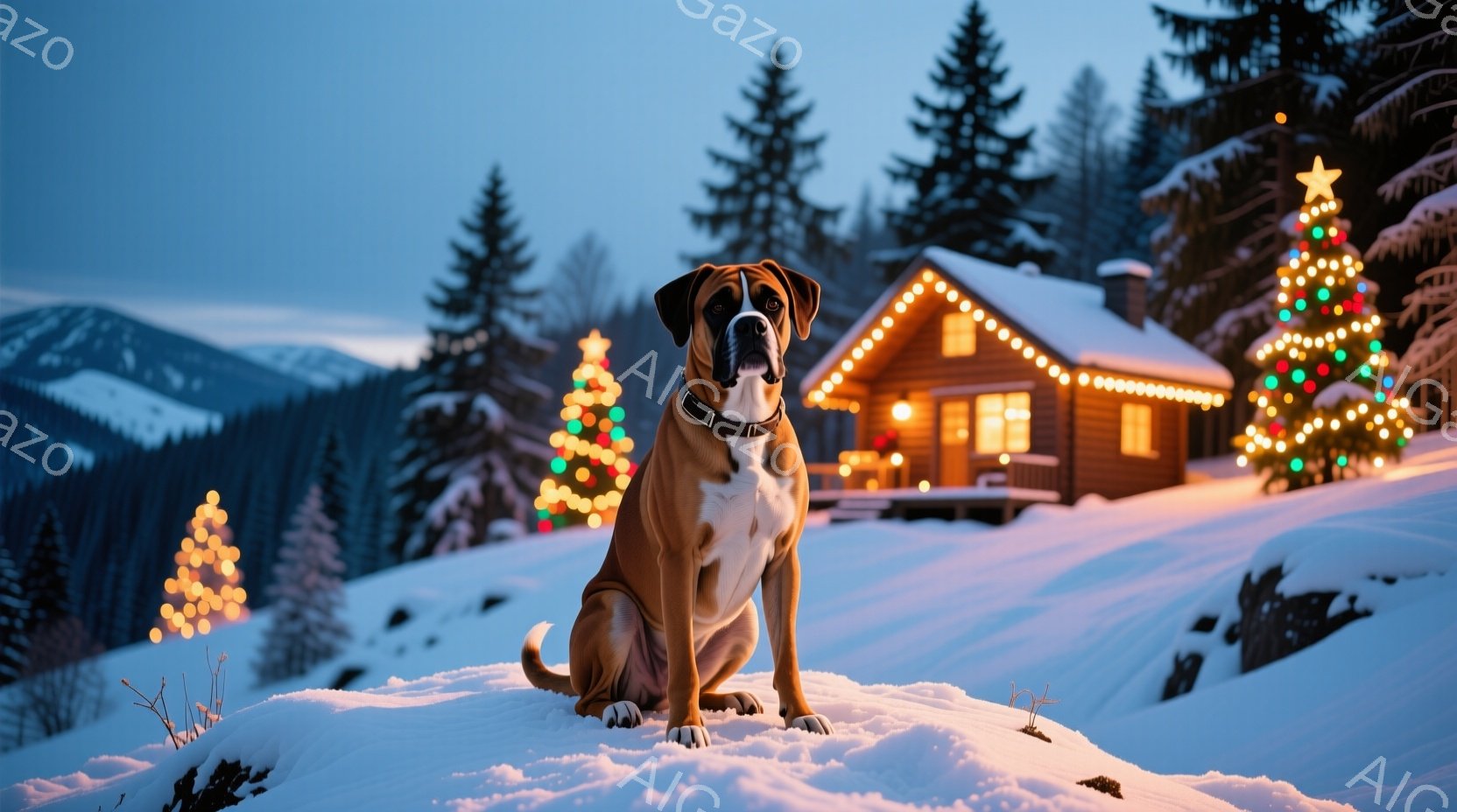 雪に覆われた丘の上に、茶色のボクサー犬が座っています。背景にはクリスマスツリーのように飾られた常緑樹や、ライトアップされた可愛らしいログハウスが見え、冬の暖かく幻想的な雰囲気を醸し出しています。犬はまっすぐ前を見据え、穏やかで落ち着いた表情をしています。