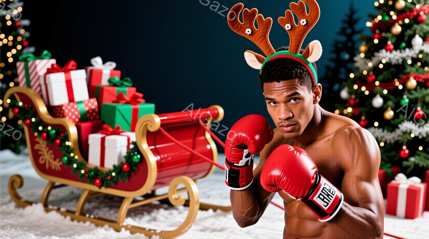 黒人男性が、赤いボクシンググローブと鹿の角のヘッドバンドを身につけて、ボクシングの構えを取っています。背景には、プレゼントが積まれたそりや、クリスマスツリーが飾られた冬の風景が広がっています。全体的に陽気でユーモラスなクリスマスの雰囲気が漂っています。