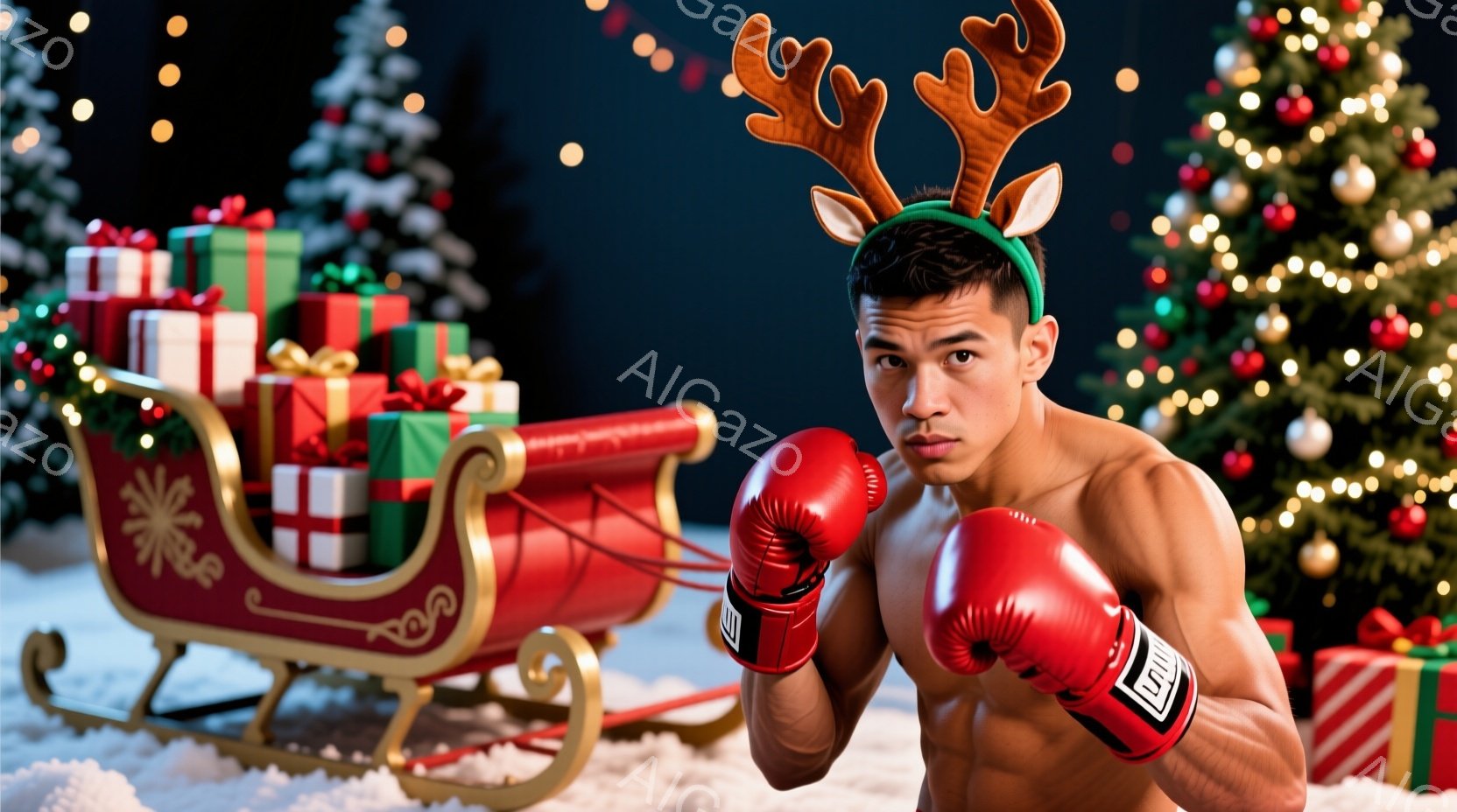 若い男性がボクシンググローブを着用し、闘いの構えをとっています。頭にはトナカイの角の飾りをつけており、上半身裸で筋肉質な体格が強調されています。背景には雪景色の中に赤いそりやクリスマスツリー、プレゼン - AI生成フリー素材
