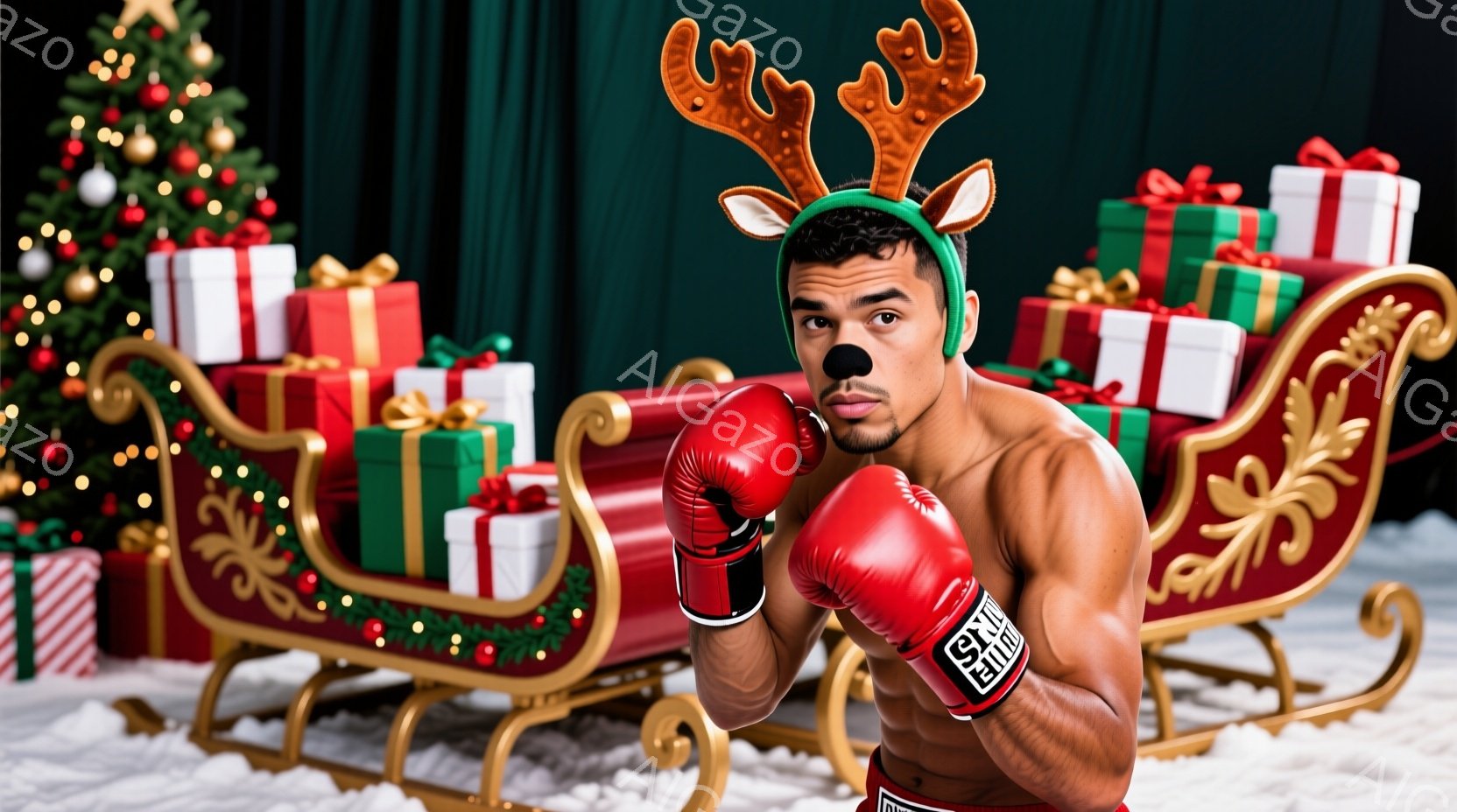 ボクシンググローブとトナカイの角をつけた男性が写っています。彼は筋肉質で、白いボクシングショーツと黒いタンクトップを着ており、真剣な表情でカメラを見つめています。背景には、プレゼントで飾られた金色のソリと、緑色のベルベットのカーテン、そしてクリスマスのイルミネーションがあり、全体的に陽気なクリスマスの雰囲気を醸し出しています。