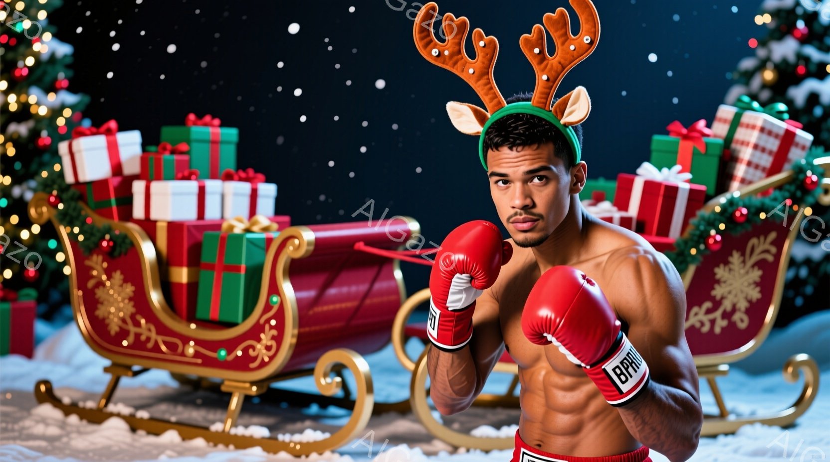 屈強な男性が、赤色のトナカイの角のヘッドバンドをつけ、ボクシンググローブを装着して構えをとっています。彼は上半身裸で、赤いボクシングショーツを着用しており、引き締まった筋肉質な体つきをしています。背景には雪景色の中で、プレゼントが積まれたソリと、クリスマスツリーが飾られており、陽気なクリスマスの雰囲気が漂っています。