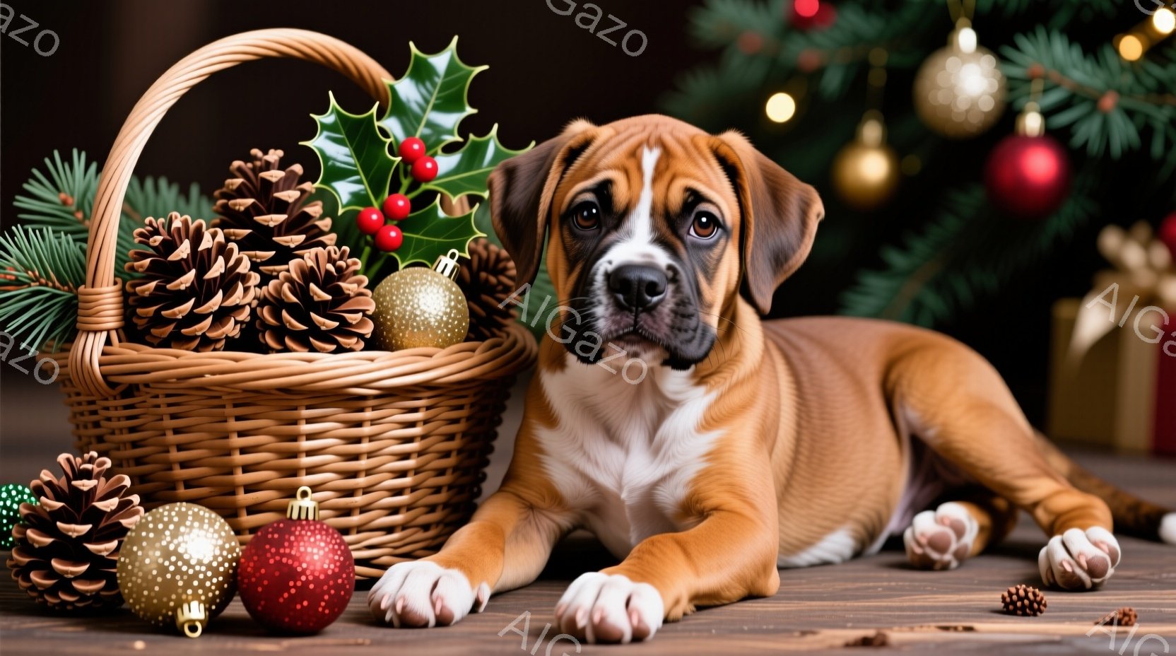茶色と白の毛並みを持つ子犬が、クリスマスの装飾品が置かれた木製の床に横たわっています。編まれたバスケットの中に松ぼっくりやオーナメントが置かれ、子犬はバスケットの近くでリラックスした表情を浮かべていま - AI生成フリー素材