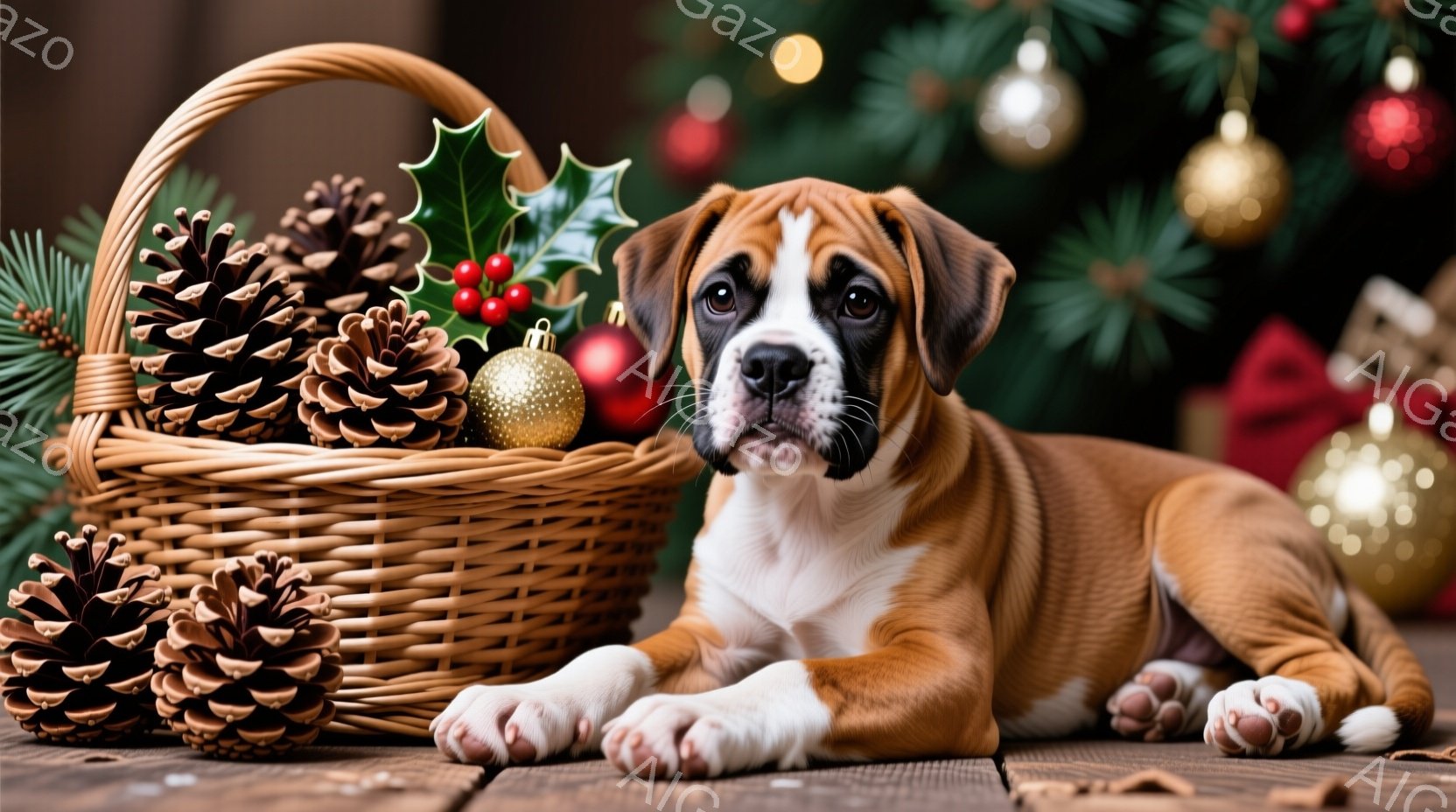 茶色と白のボクサーの子犬が、木製の床に横たわっています。近くには、松ぼっくりと赤い実の付いた葉が飾られた籠があります。背景にはぼやけたクリスマスツリーとオーナメントが見え、温かく、お祝いの雰囲気です。 - AI生成フリー素材