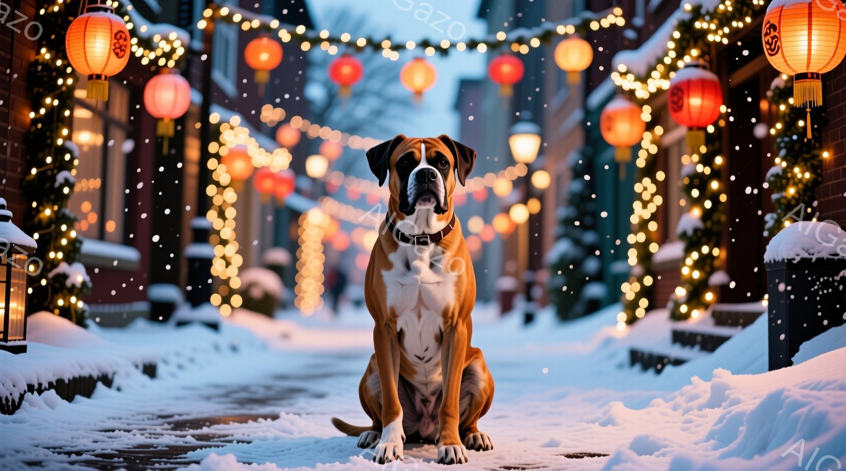 雪が降り積もる街並みの真ん中に、茶色と白のボクサー犬が座っています。犬はまっすぐ前を見ており、表情は穏やかで、冬の景色の中に溶け込むような落ち着いた雰囲気を醸し出しています。背景には、きらめくイルミネ - AI生成フリー素材