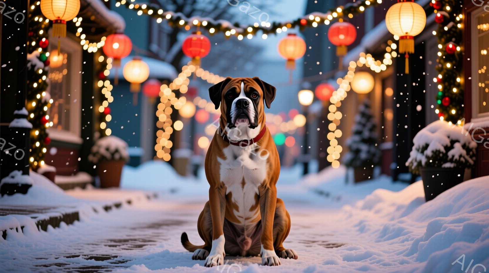 雪に覆われた道に、明るい茶色のボクサー犬が座っています。犬はまっすぐ前を見ており、少し真剣な表情をしています。背景には、クリスマスライトで飾られた建物があり、雪が舞う冬の夜の温かく幻想的な雰囲気を醸し出しています。