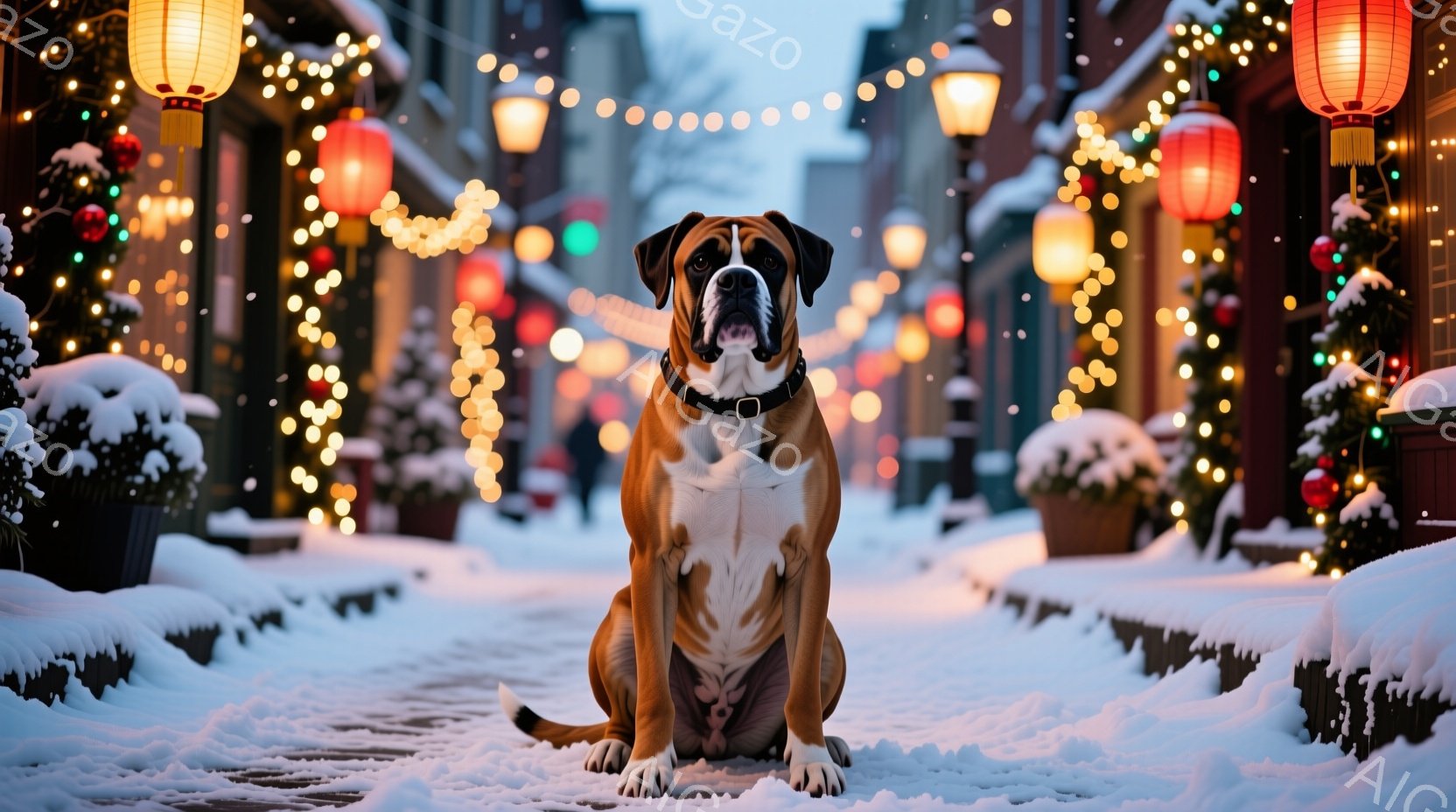 白い雪に覆われた通りに、タン色のボクサー犬が座っています。犬は首輪をつけており、まっすぐに前を見つめています。背景には、クリスマスツリーやイルミネーションで飾られた建物が並び、冬の華やかな雰囲気を作り出しています。