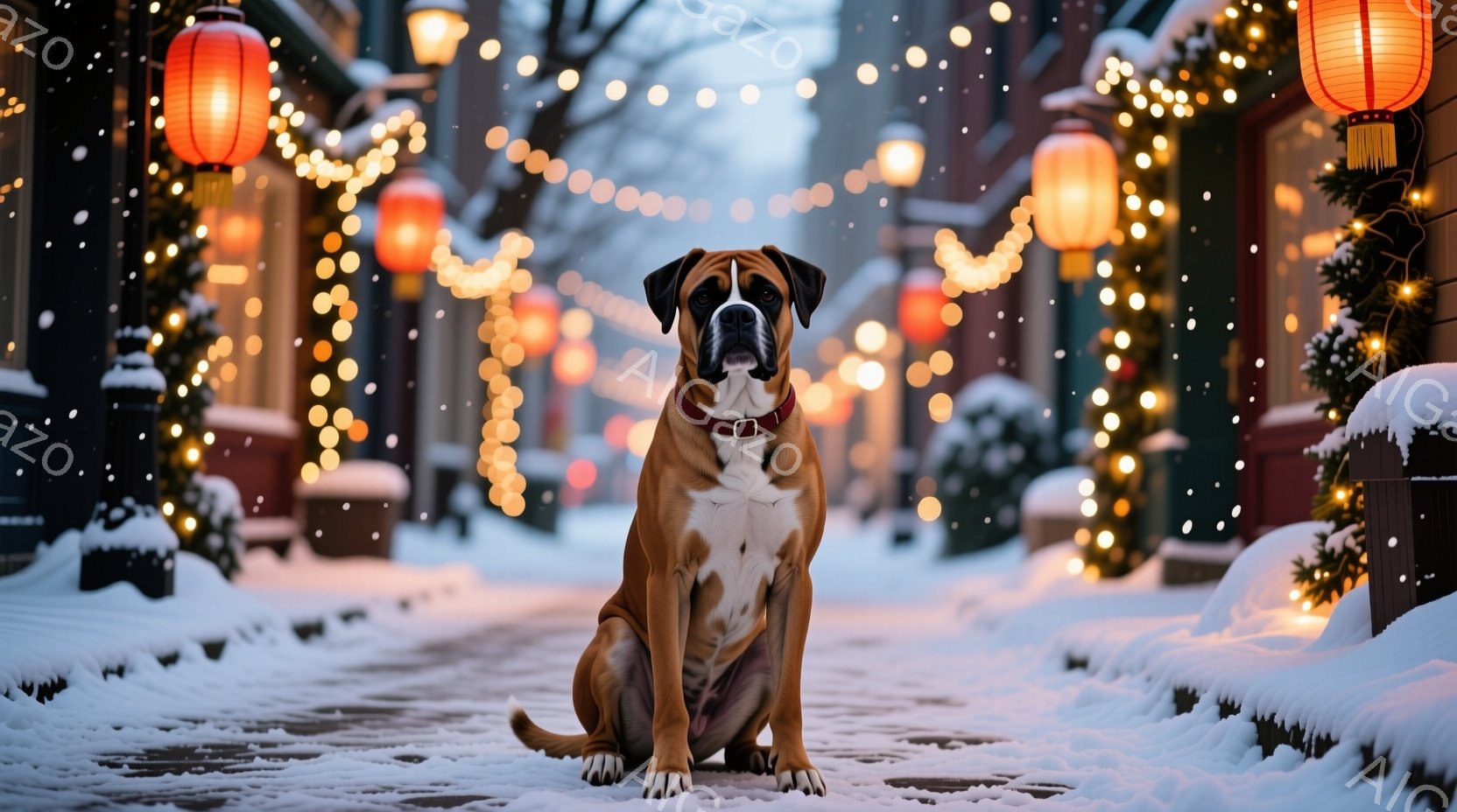 茶色のボックス犬が雪で覆われた石畳の道に座っています。犬は赤い首輪をつけており、少し不安そうな表情で正面を見ています。背景には、クリスマスの飾り付けがされた建物と雪が舞う冬の景色が広がっています。 - AI生成フリー素材