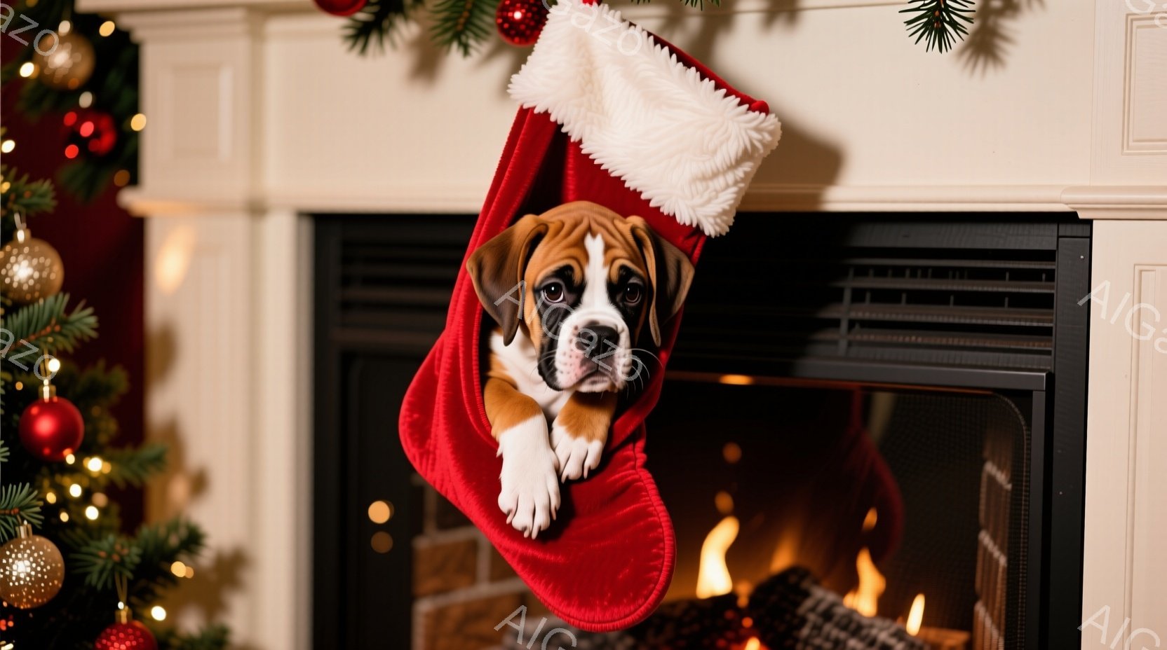 赤毛のボクサー犬が雪の上に横たわり、赤いそりに積み込まれたプレゼントを見つめています。そりは緑の葉と赤いオーナメントで飾られ、雪景色の中でクリスマスの雰囲気を醸し出しています。背景には雪に覆われた木々 - AI生成フリー素材