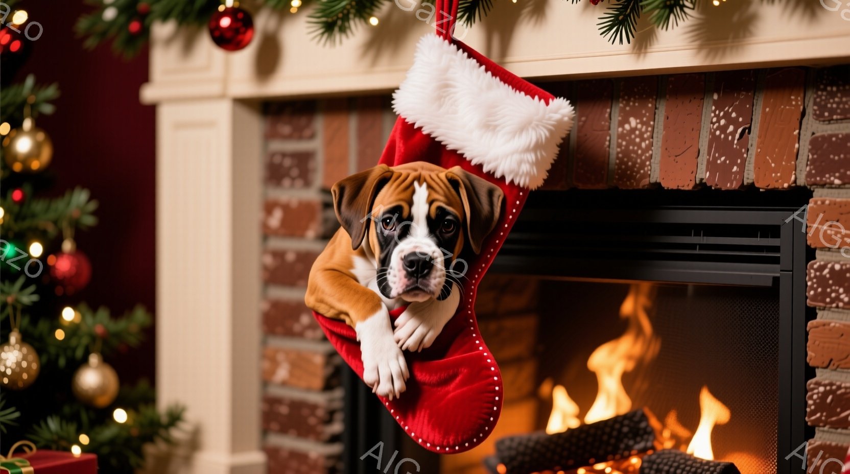 赤いクリスマスストッキングの中に、茶色と白のパピーが入っており、少し顔と前足を覗かせています。パピーは少し困ったような、または遊び心のある表情を浮かべており、背景にはクリスマスツリーの飾りと暖炉の炎が - AI生成フリー素材