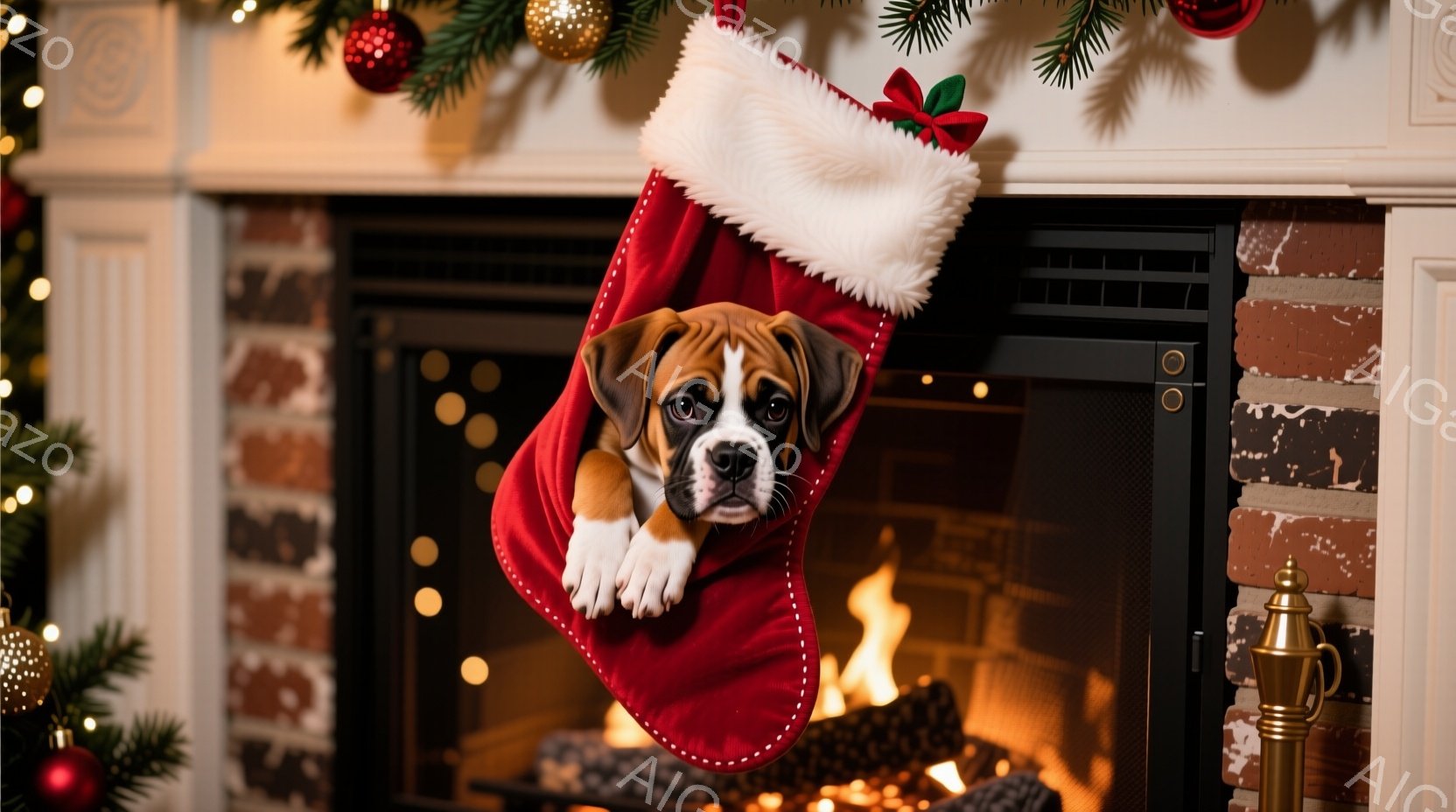 赤いクリスマスストッキングの中から、小さなボクサーの子犬が顔を出しています。子犬は好奇心旺盛な表情で前を見つめ、前足をストッキングの縁につけています。背景には暖炉の炎とクリスマス装飾が映り、温かくお祝いムードを醸し出しています。