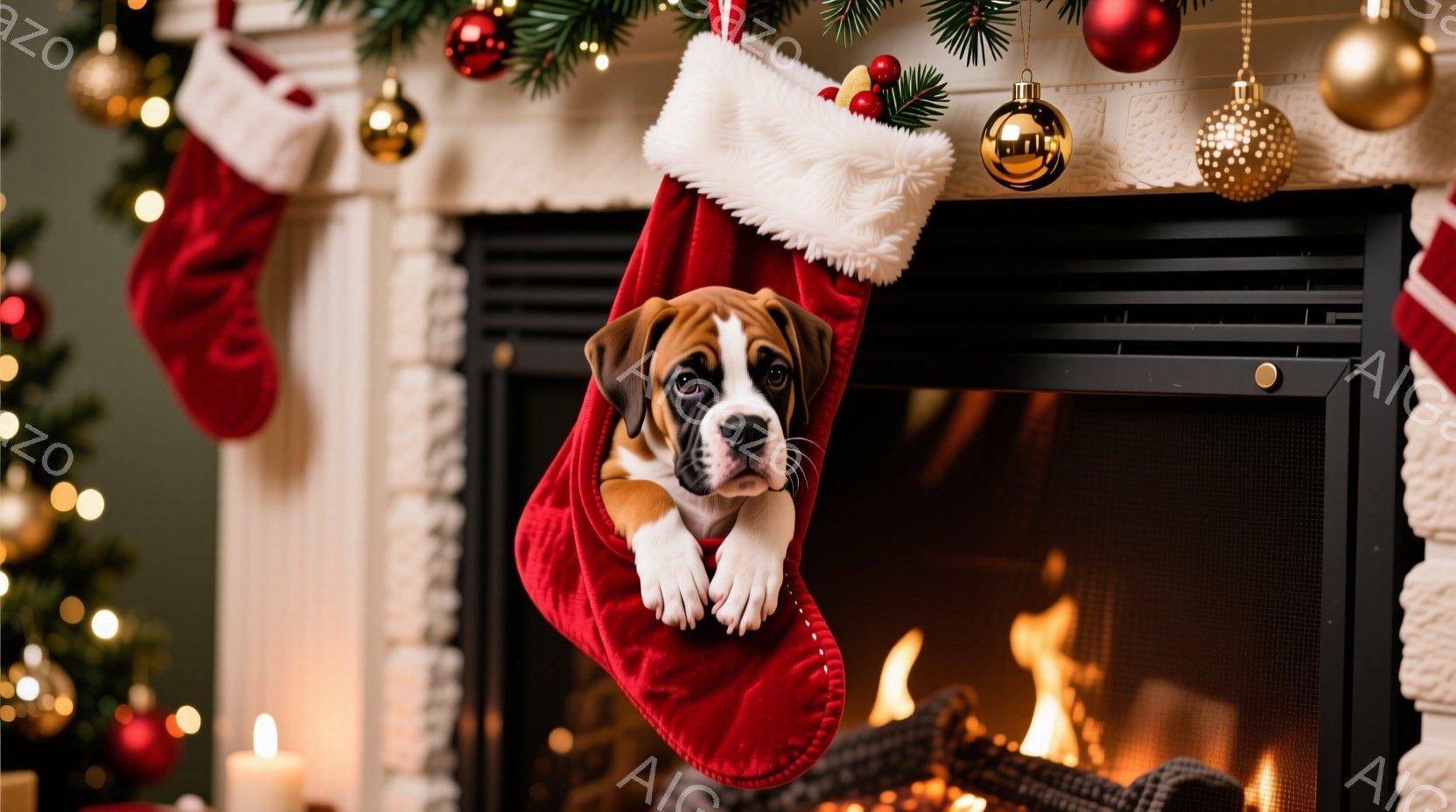 暖炉のそばに赤いクリスマスストッキングが飾られ、その中に子犬が顔を出しています。子犬は茶色と白の毛並みで、好奇心と少しばかりの困惑が入り混じった表情をしています。背景には、キラキラと輝くクリスマスツリーの飾りと、暖炉の炎が暖かく照らし出す、穏やかで祝祭的な雰囲気です。