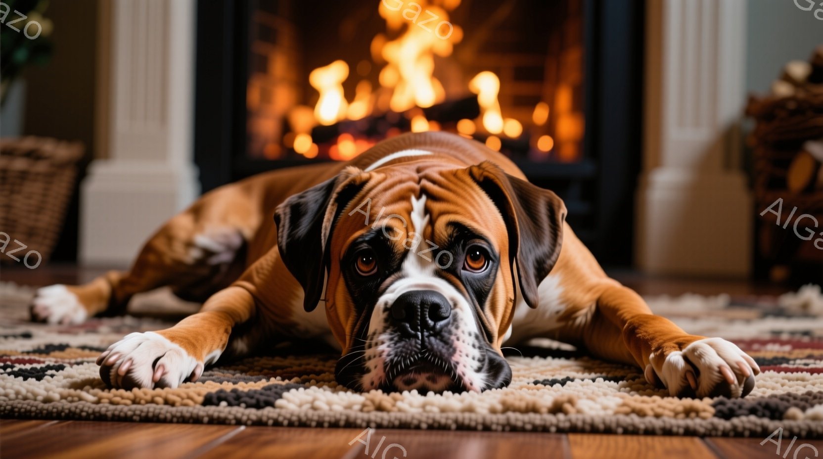 ボクサー犬が敷物の上でリラックスして横たわっています。犬は茶色と白の毛並みで、大きな茶色の目とわずかに開いた口が特徴です。背景には暖炉があり、オレンジと赤色の炎が暖かく、居心地の良い雰囲気を作り出しています。