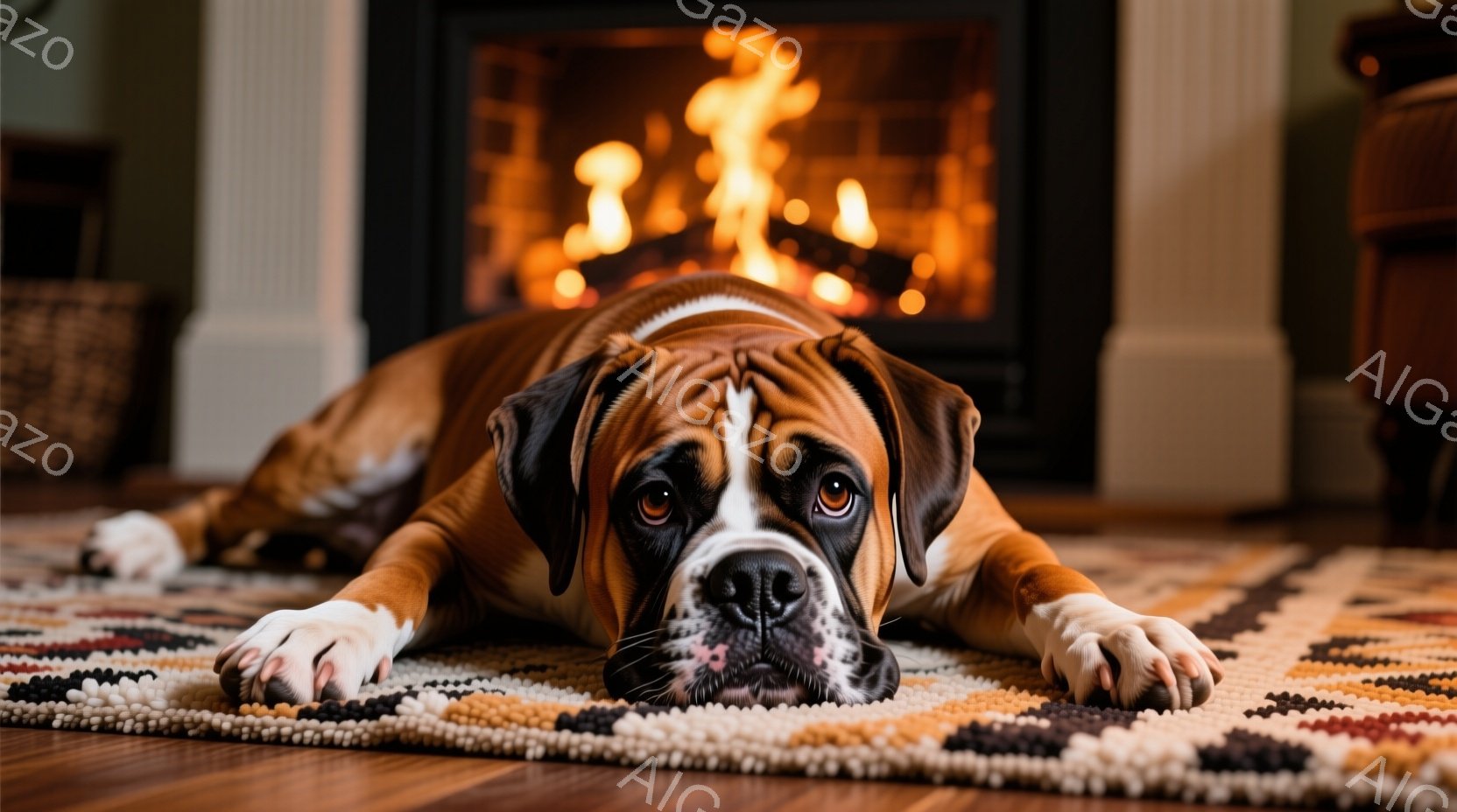 茶色と白のボクサー犬が、カラフルなラグの上に横たわっています。犬は正面を見ており、わずかに憂いを帯びた表情をしています。背景には暖炉があり、炎が燃えており、暖かく居心地の良い雰囲気を作り出しています。 - AI生成フリー素材