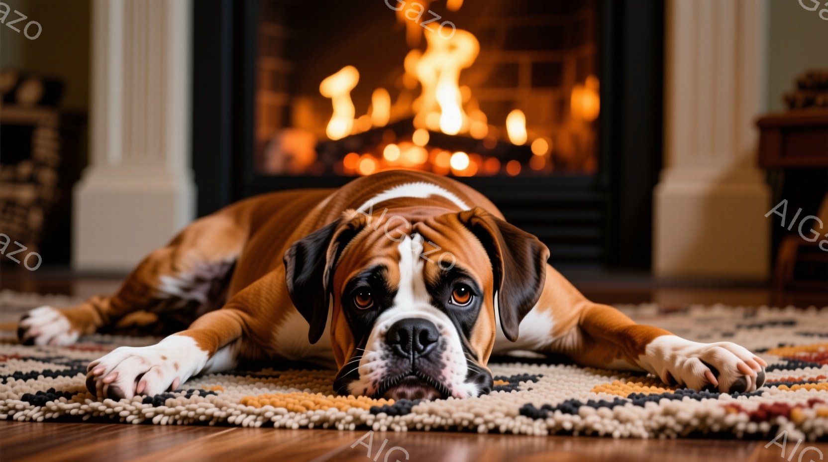 茶色と白のボクサー犬が、カラフルなラグの上に横たわっています。犬はカメラの方をじっと見ており、少し憂いを帯びた表情をしています。背景には暖炉があり、炎が燃えており、室内は温かく居心地の良い雰囲気です。 - AI生成フリー素材