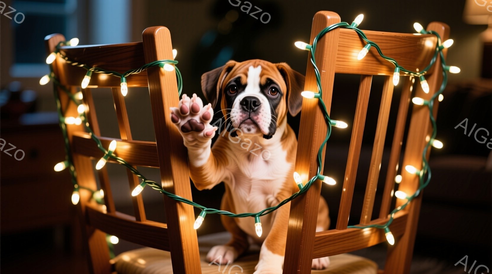 茶色と白のボクサーの子犬が、クリスマスツリーの電飾で飾られた椅子の背もたれに座り、前足を伸ばして何かを掴もうとしている。背景は少し暗く、暖色系の照明がぼんやりと見える。全体的に、愛らしくて遊び心のある雰囲気で、可愛らしい子犬の姿が印象的だ。