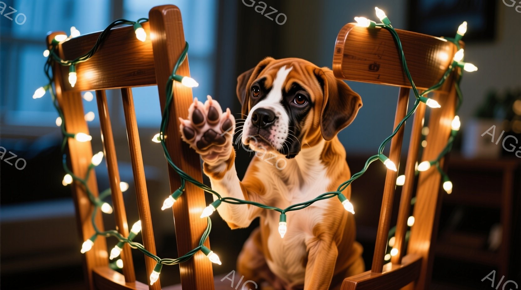 箱犬の子犬が木製の椅子に座っており、カラフルなクリスマスライトが椅子の周りを巻き付いています。子犬は前足を上げて少しいたずらっぽい表情を浮かべており、好奇心と遊び心に満ちた様子です。背景は薄暗く、暖炉や家具が見え、温かく穏やかなクリスマスの雰囲気を醸し出しています。