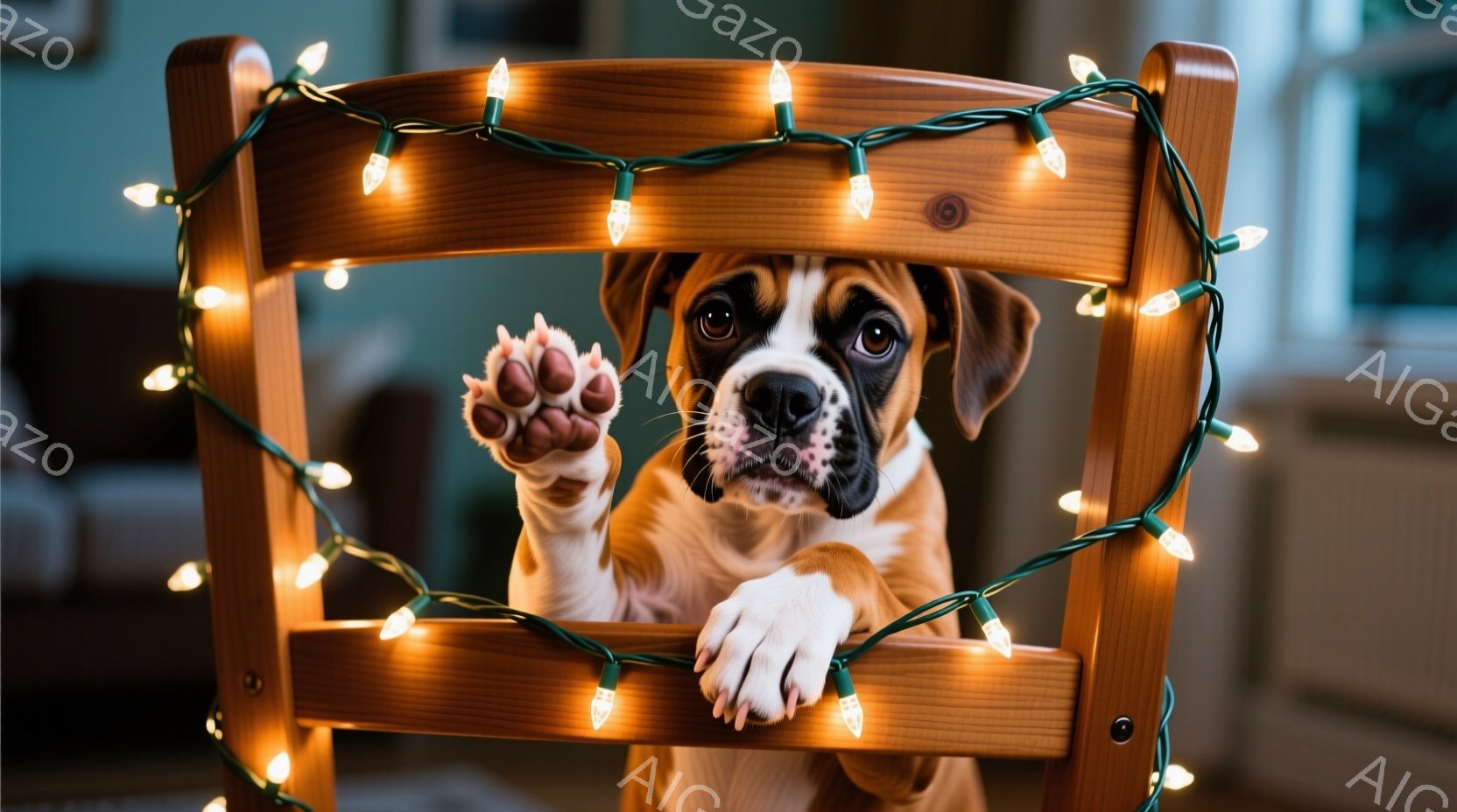暖炉のある背景に、茶色の椅子に巻き付いたクリスマスライトに体を挟まれた小さなボクサー犬が写っています。犬は片足を上げて何かを期待しているような表情をしており、その可愛らしい姿が目を引きます。背景は暖色 - AI生成フリー素材