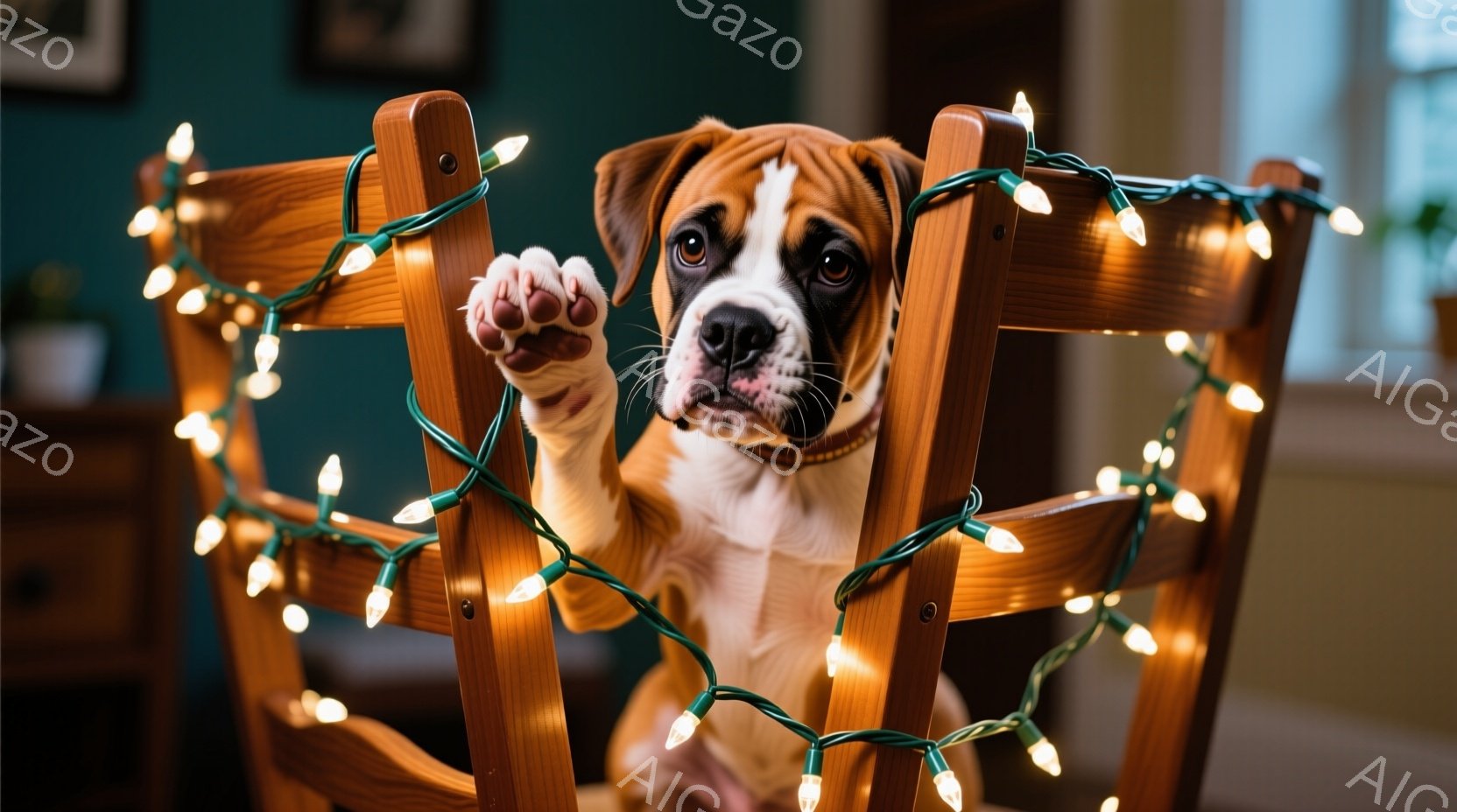 茶色と白のボクサー犬の子犬が、クリスマスライトに囲まれた木製の椅子に座って、前足を出して何かを掴もうとしている。背景は濃い緑色の壁で、ぼやけた植物と絵画が見える、暖かく居心地の良い雰囲気だ。子犬は好奇心と遊び心に満ちた表情で、クリスマスの装飾を楽しんでいるように見える。