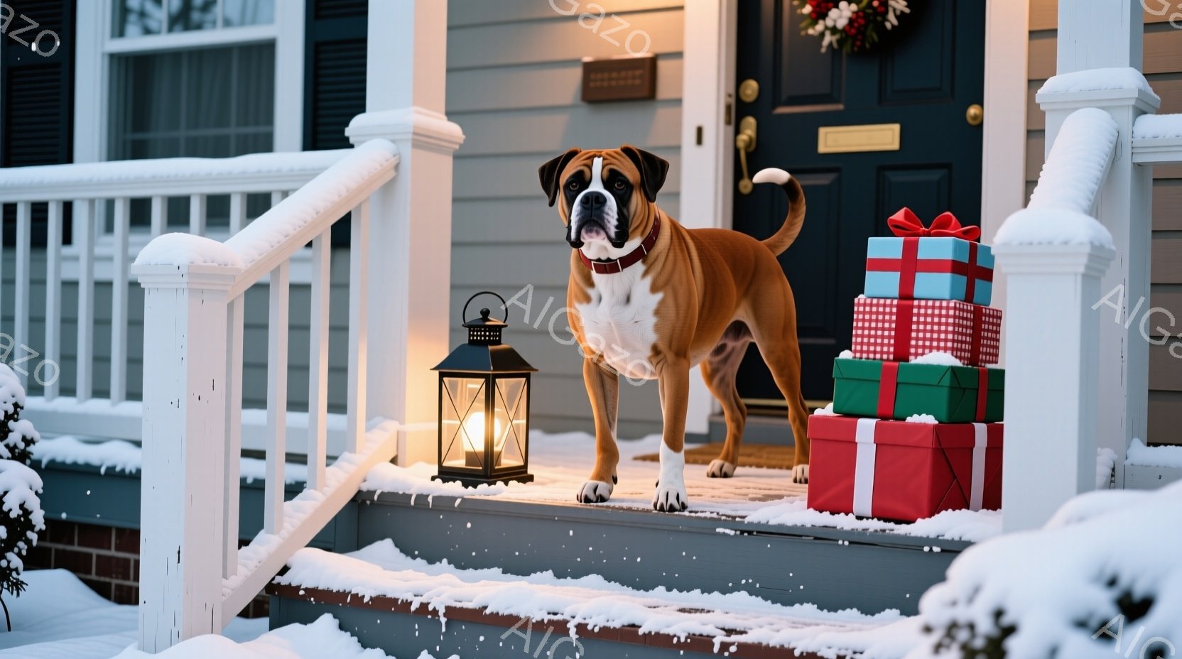 白い毛並みと茶色の斑点を持つボクサー犬が、雪で覆われた家の階段に立っている。犬は赤い首輪を付け、まっすぐ前を見て、警戒しているような表情をしている。背景には、クリスマス飾り付きの玄関ドアと、雪に覆われ - AI生成フリー素材