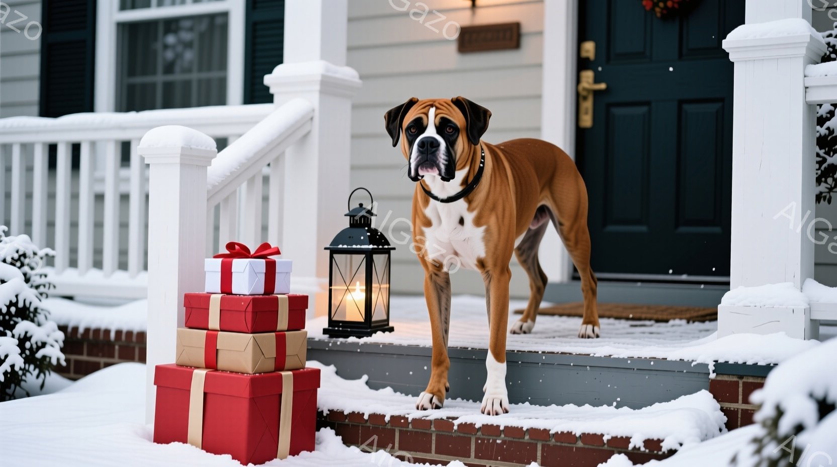 白い雪に覆われた家の玄関の階段に、茶色と白のボクサー犬が立っている。階段のそばには、赤とベージュのプレゼントの山が積み上げられ、温かい光を放つキャンドル入りのランタンが置かれている。雪景色とプレゼント - AI生成フリー素材