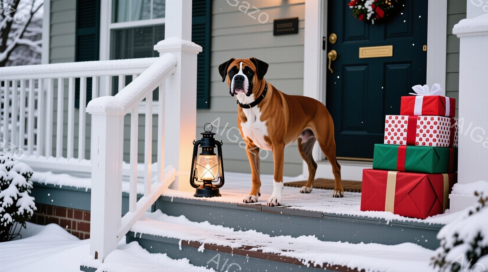 雪が降り積もった家の玄関に、ボックス犬が立っている。犬は茶色と白の毛並みで、首輪をつけており、少し顔を上げて何かを見つめているようだ。背景にはクリスマスツリーのような装飾が施された玄関ドアと、積み上げられたプレゼントボックスがあり、冬の暖かい雰囲気を醸し出している。