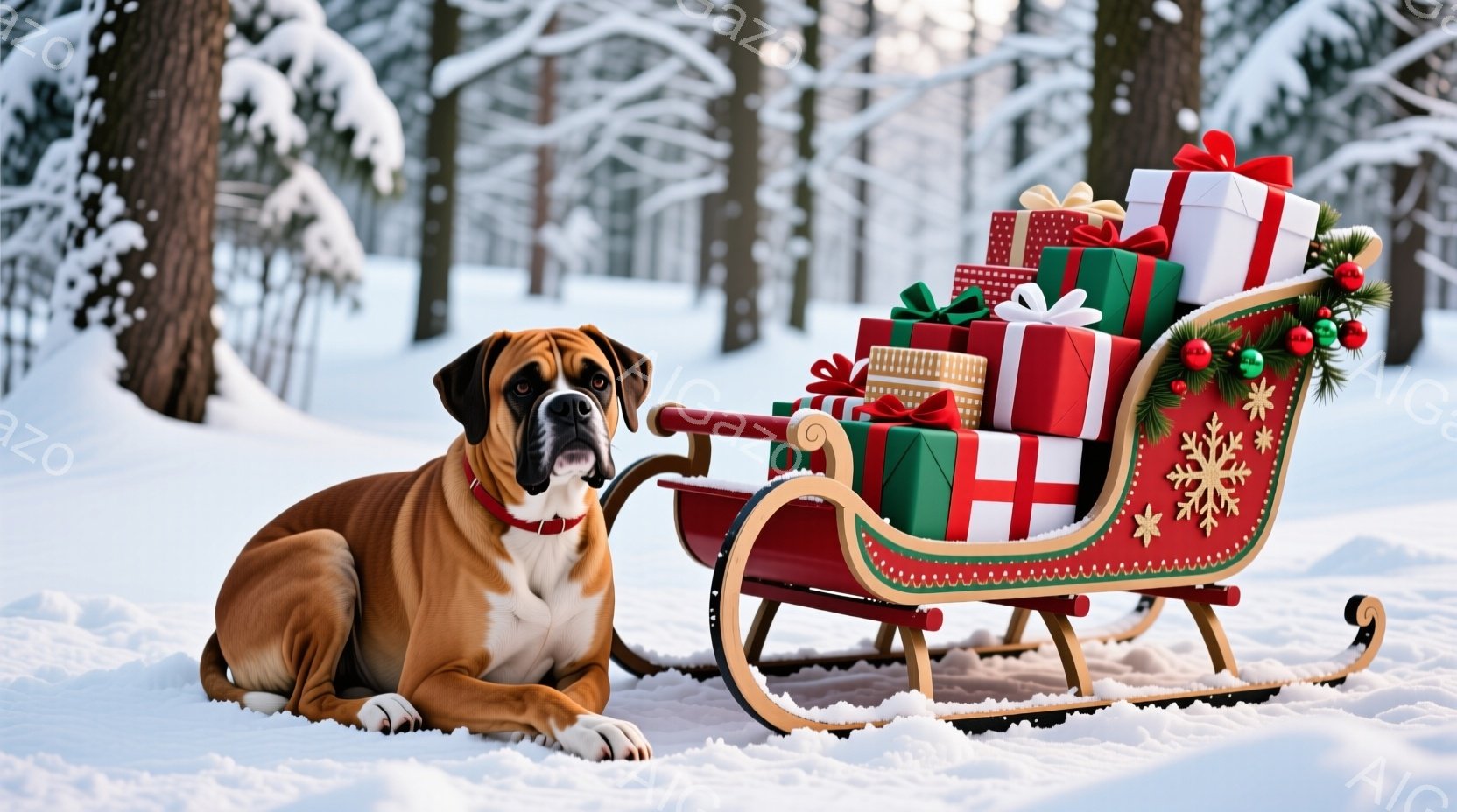 砂色の毛並みのボクサー犬が雪の上に横たわり、赤い首輪をつけてカメラを見つめています。その隣には、カラフルな包装紙で飾られたプレゼントが積み上げられた、木製のそりが置かれています。背景には雪に覆われた木々が立ち並び、冬の静かで穏やかな雰囲気を醸し出しています。