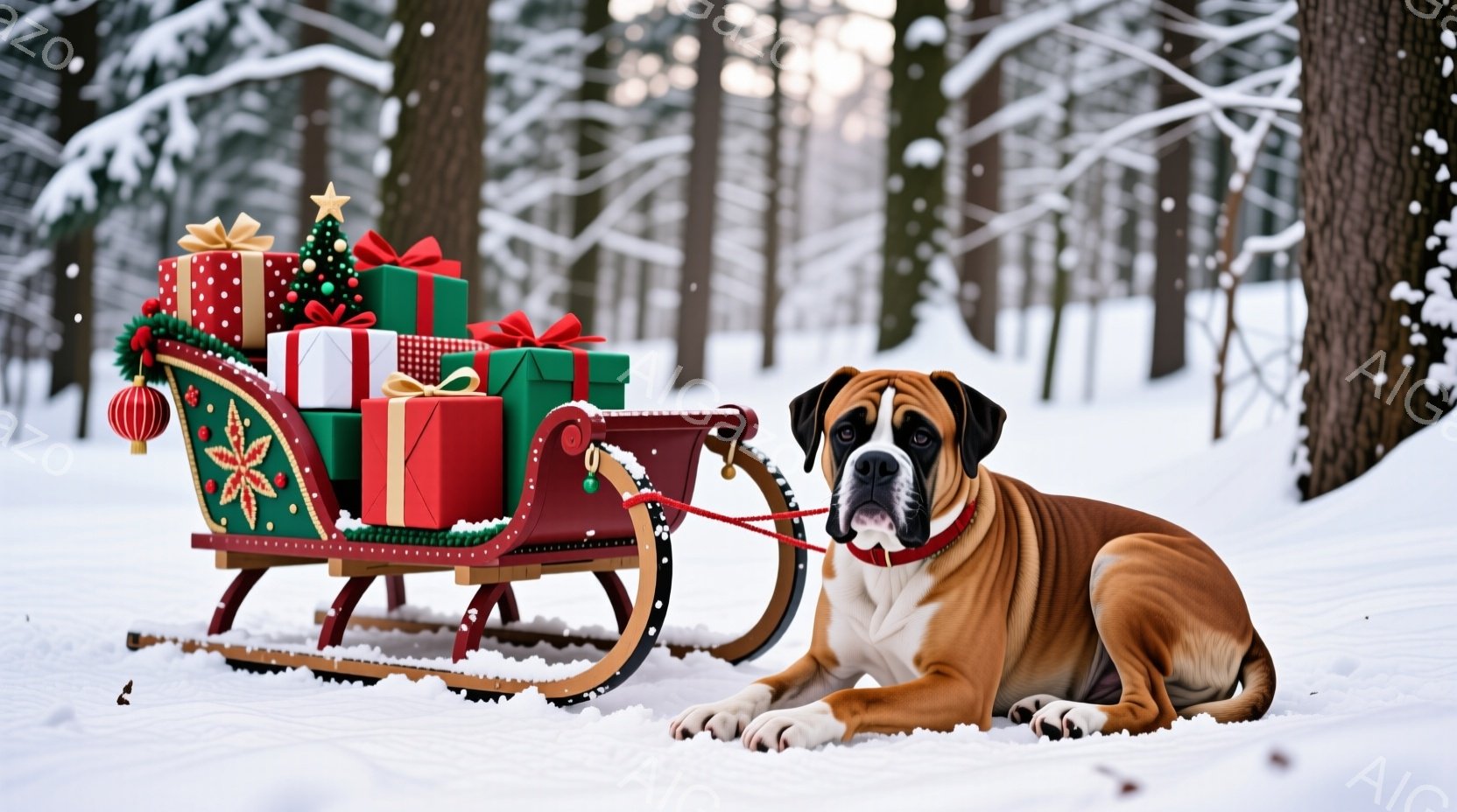 雪景色の中に、プレゼントが積まれた赤いそりが置かれ、そのそばに茶色と白のボクサー犬が横たわっています。犬は赤い首輪をつけており、穏やかな表情でカメラの方を見ています。背景には雪に覆われた木々が立ち並び - AI生成フリー素材